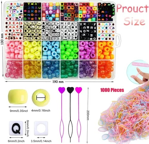 2176Pcs Hair Beads for Girls Braids, Candy Color Acrylic Alphabet Cube Beads Pastel Pony Beads Kandi Beads Rainbow Letter Beads Bulk Kits for Hair Jewelry Making with Elastic Rubber Bands Threaders