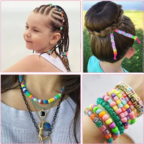2176Pcs Hair Beads for Girls Braids, Candy Color Acrylic Alphabet Cube Beads Pastel Pony Beads Kandi Beads Rainbow Letter Beads Bulk Kits for Hair Jewelry Making with Elastic Rubber Bands Threaders