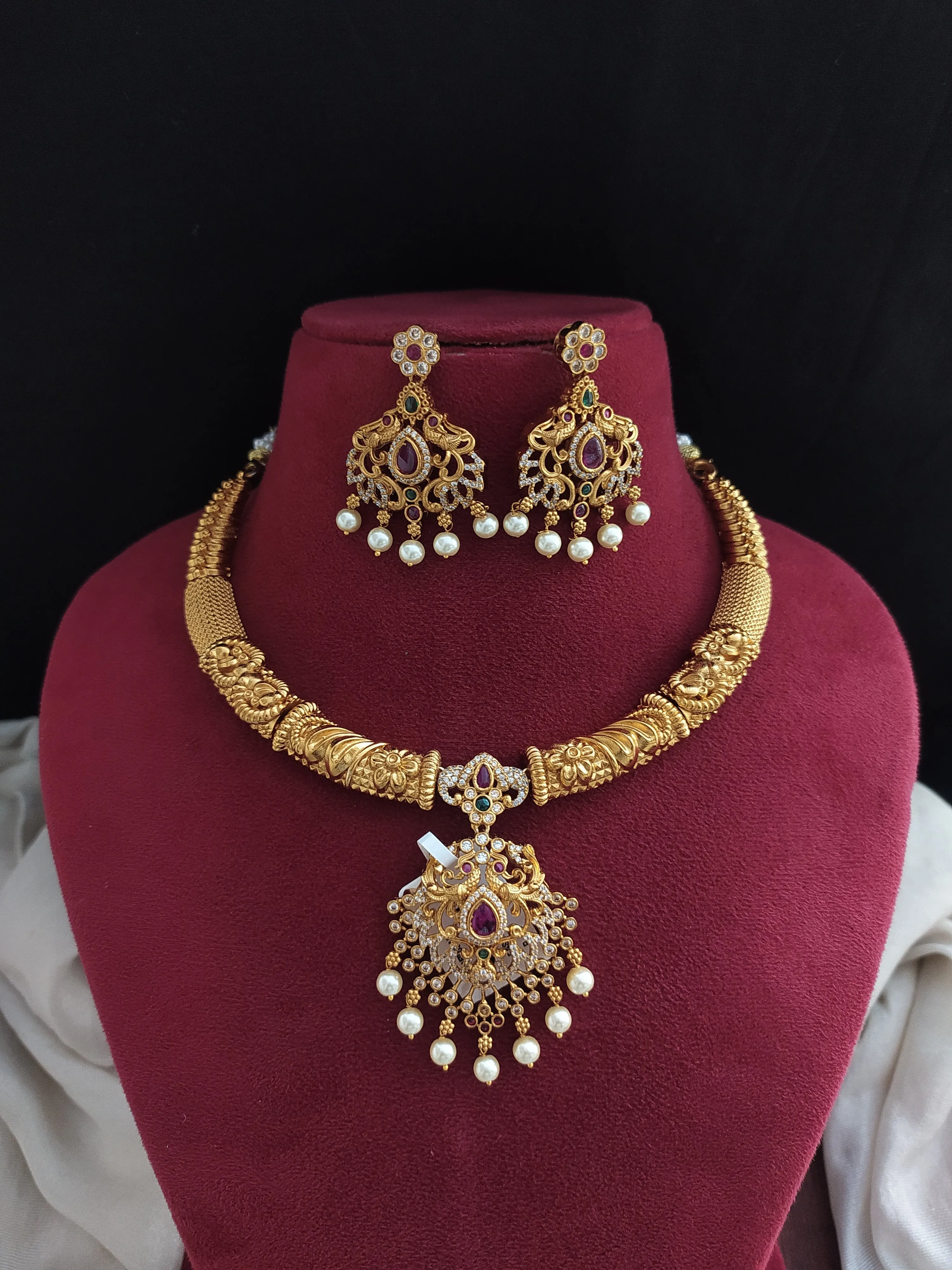 Antique Hasli / Kanti Necklace Set with Earrings - Zircon, Kemp, and Green Stones with Pearl Drops
