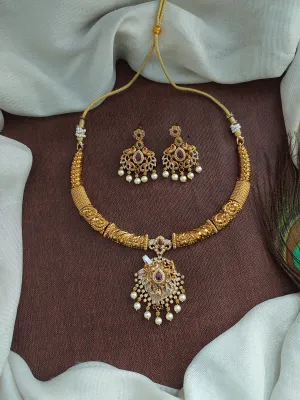 Antique Hasli / Kanti Necklace Set with Earrings - Zircon, Kemp, and Green Stones with Pearl Drops