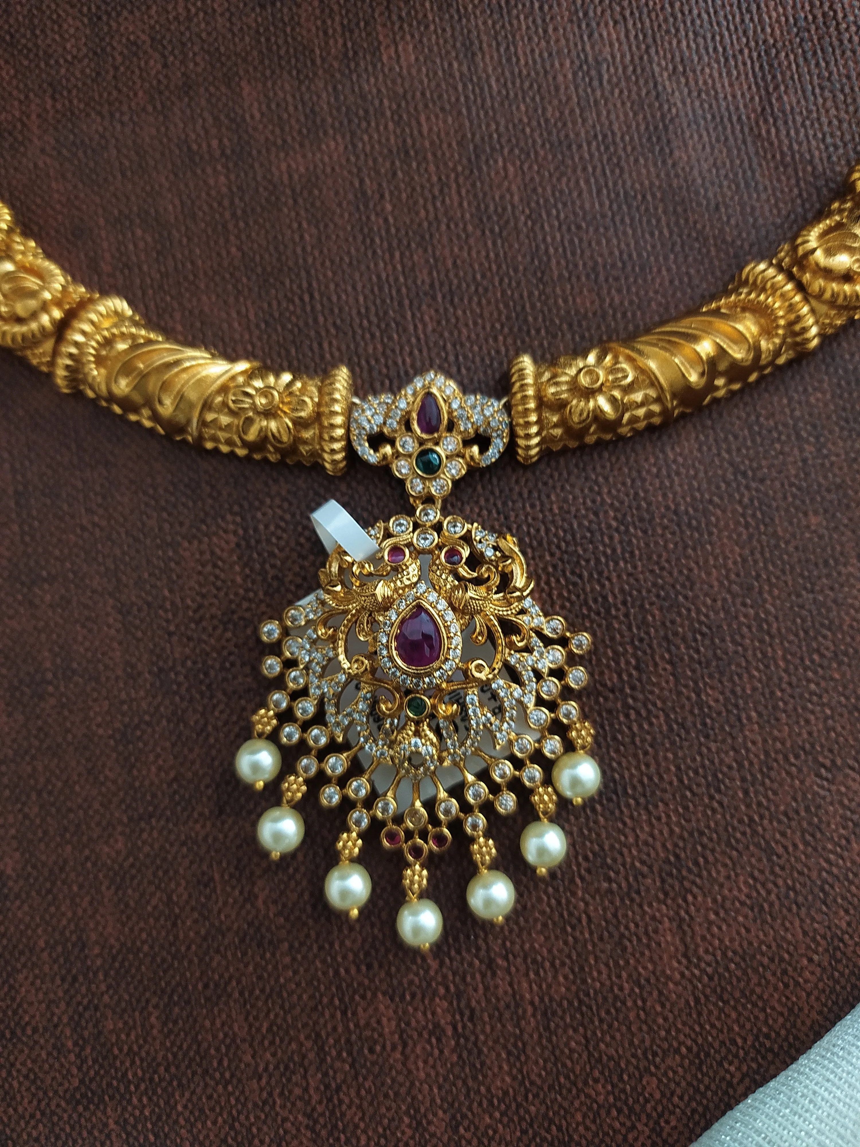 Antique Hasli / Kanti Necklace Set with Earrings - Zircon, Kemp, and Green Stones with Pearl Drops