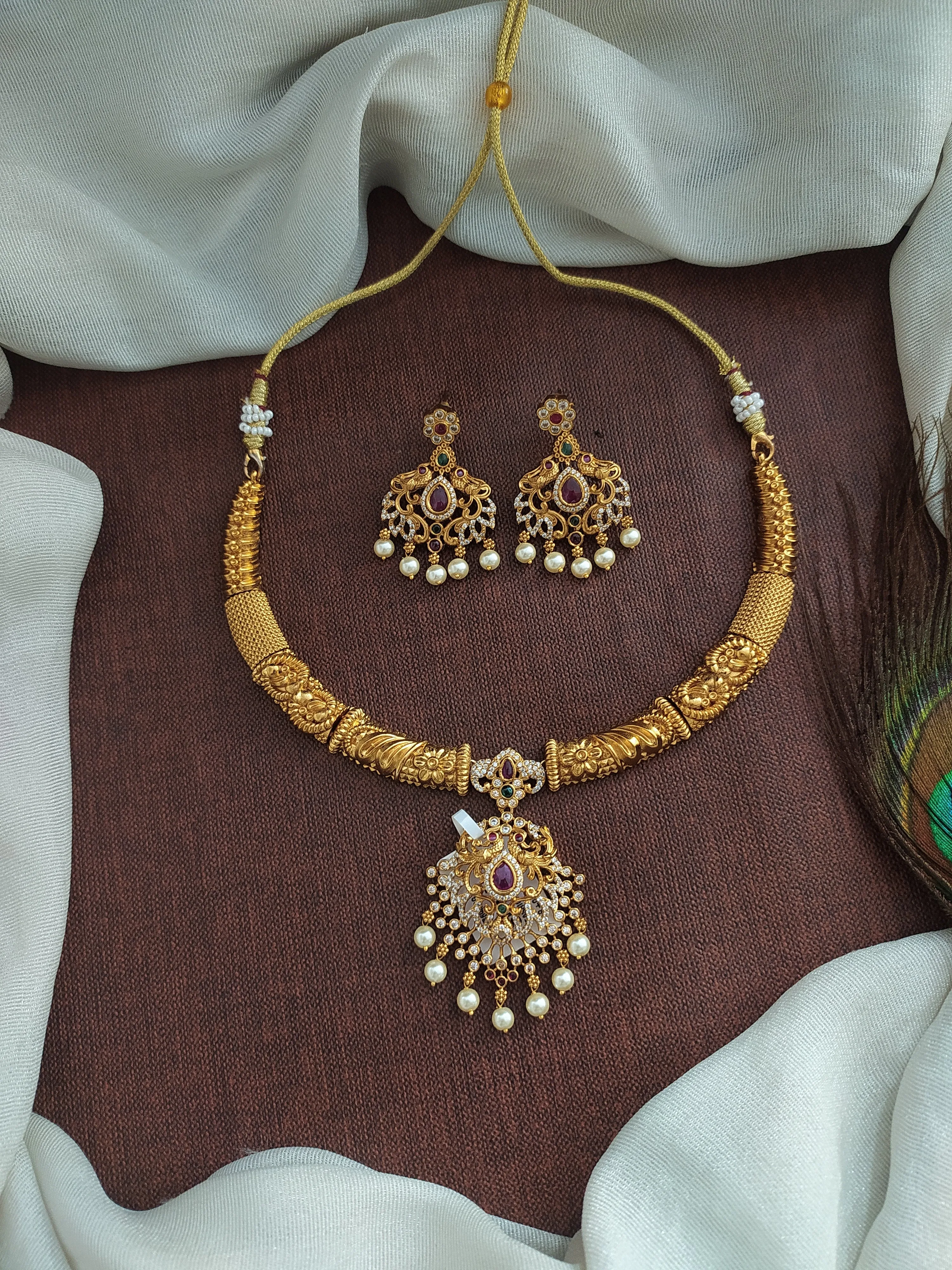 Antique Hasli / Kanti Necklace Set with Earrings - Zircon, Kemp, and Green Stones with Pearl Drops