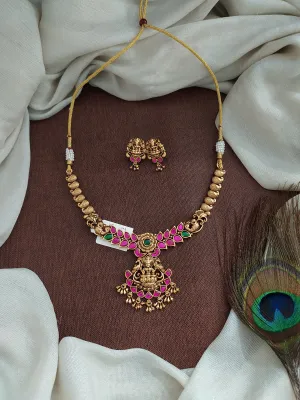 Antique Jadau Kundan Necklace Set with Lakshmi Pendant ~ Copper Finish