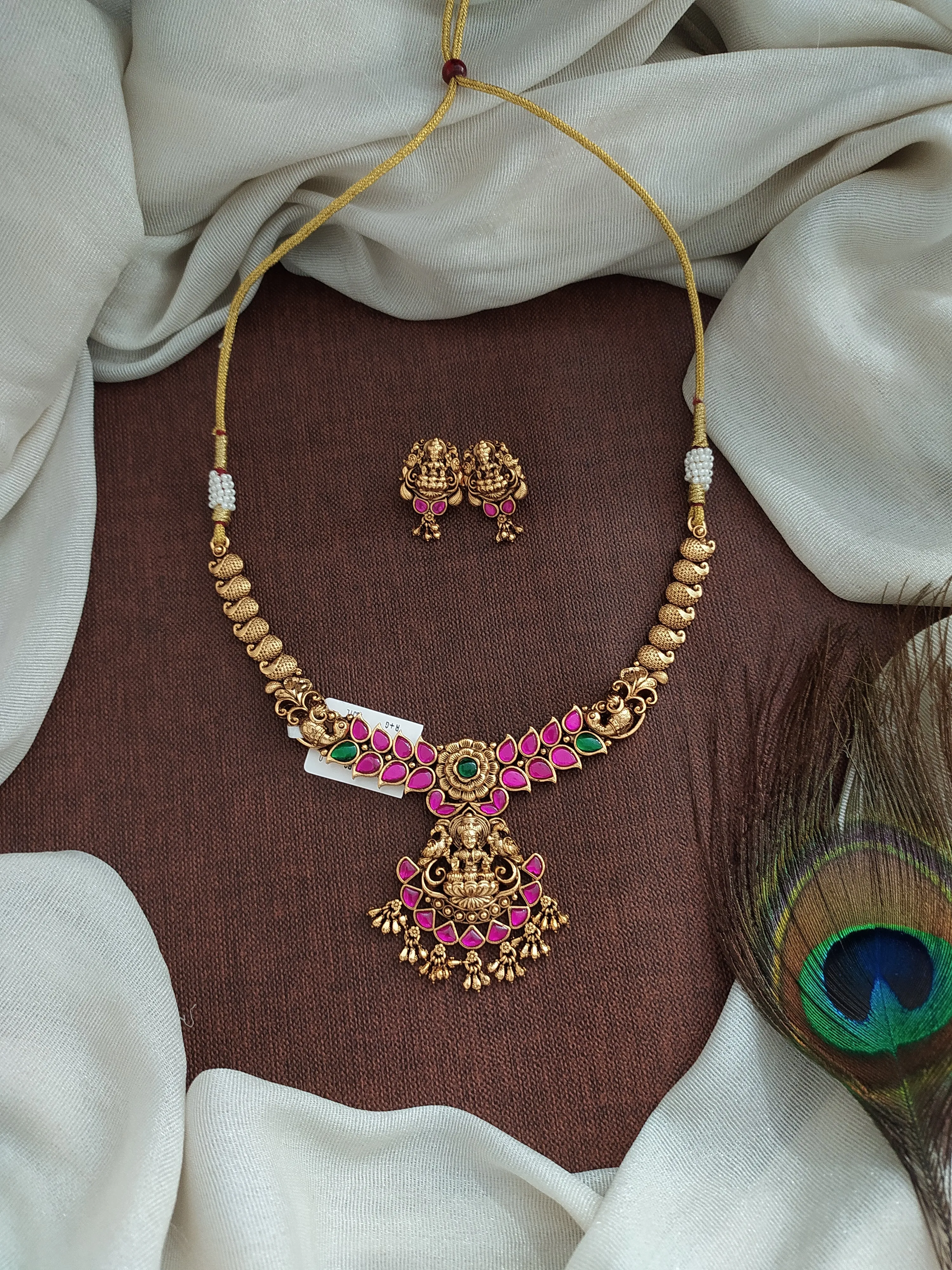 Antique Jadau Kundan Necklace Set with Lakshmi Pendant ~ Copper Finish