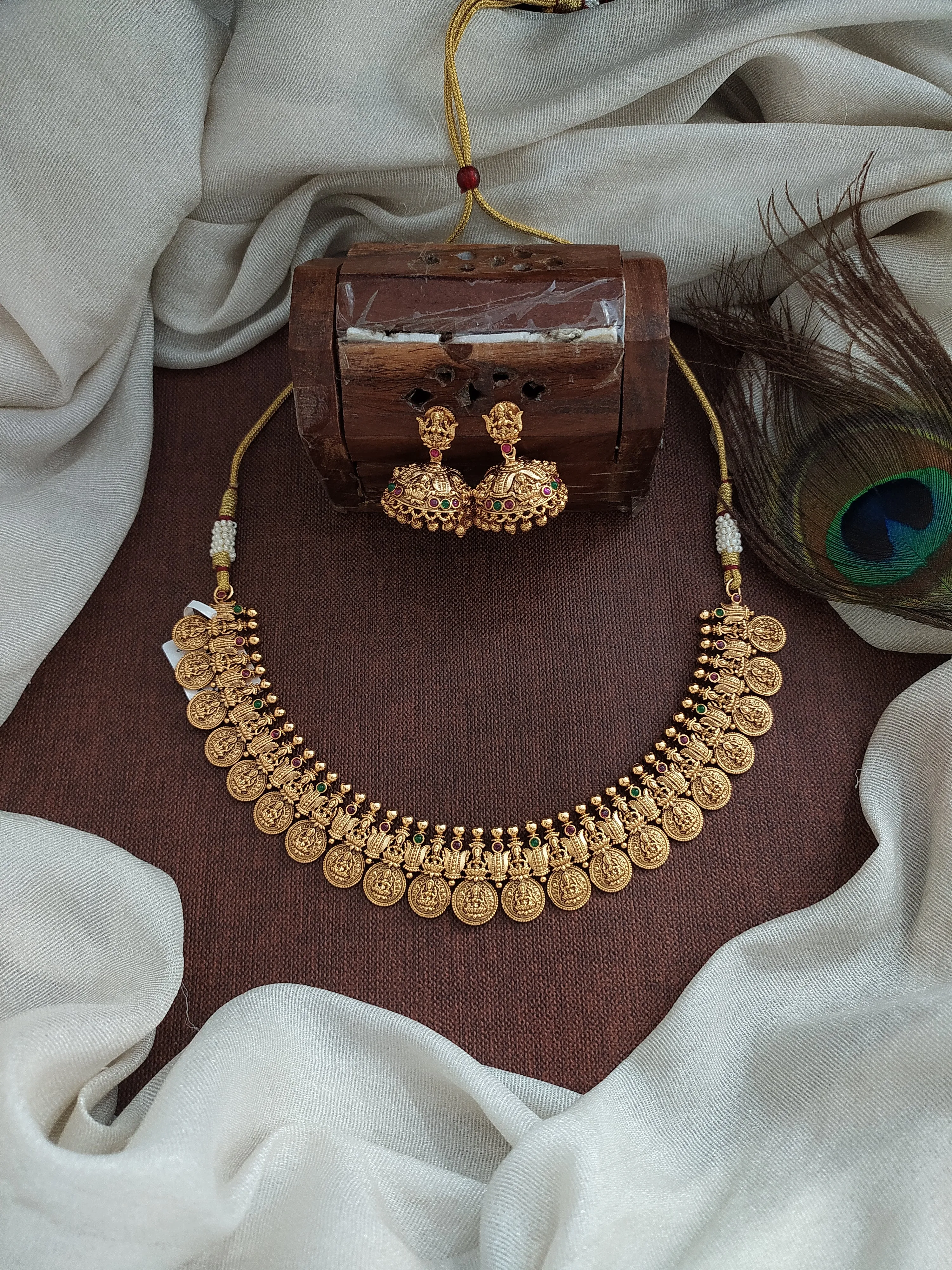 Antique Lakshmi Kasumalai Necklace Set with Jhumki