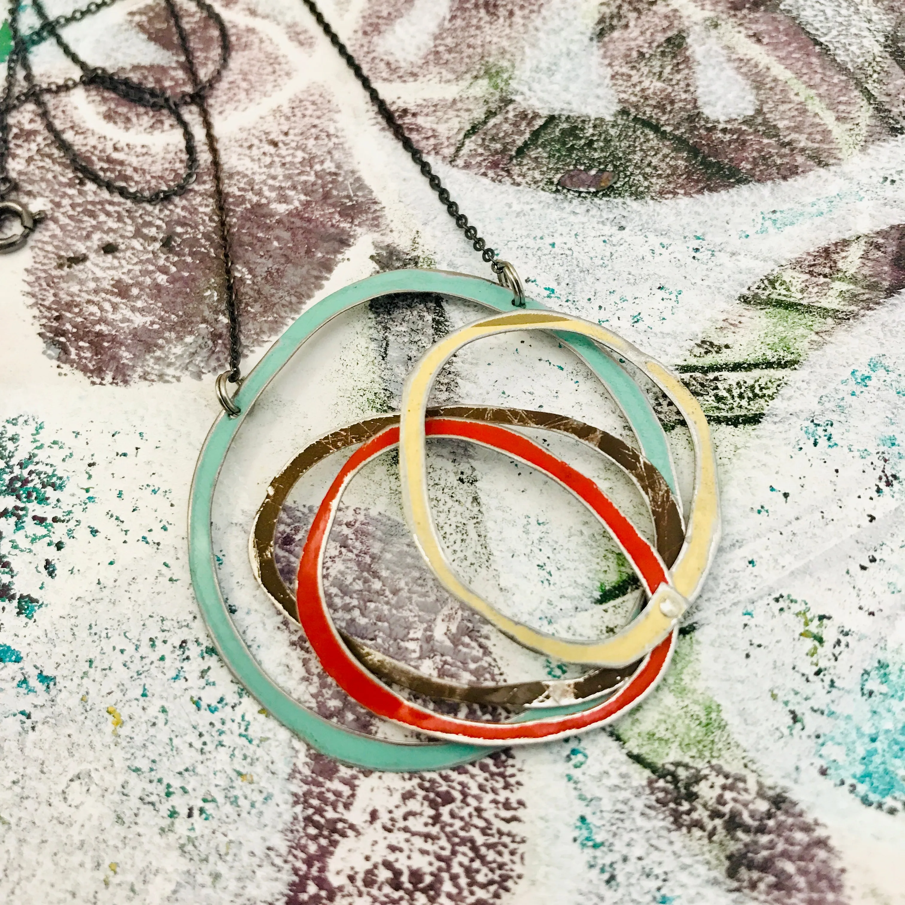 Aqua, Chocolate, Scarlet, Cream Scribbles Upcycled Tin Necklace
