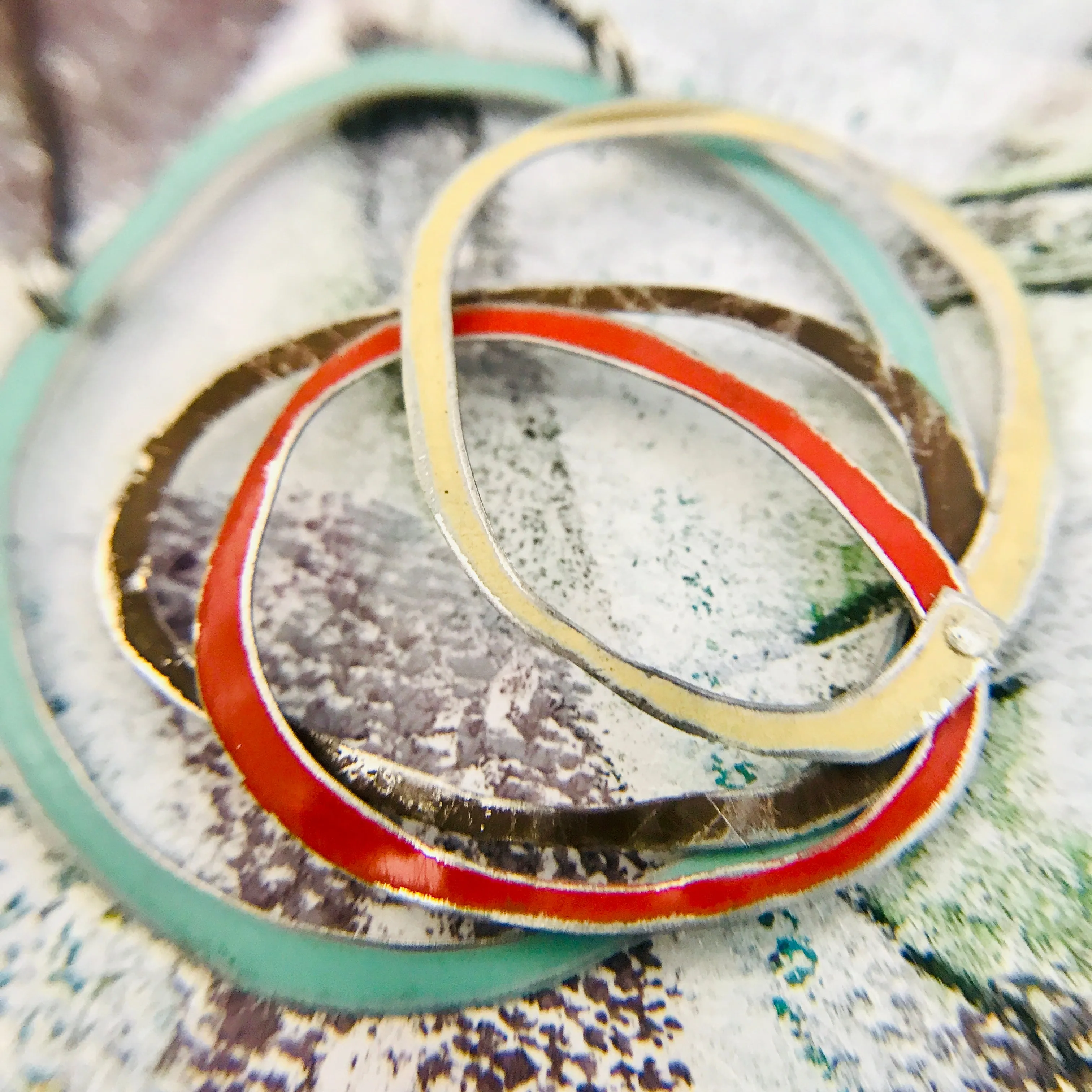 Aqua, Chocolate, Scarlet, Cream Scribbles Upcycled Tin Necklace