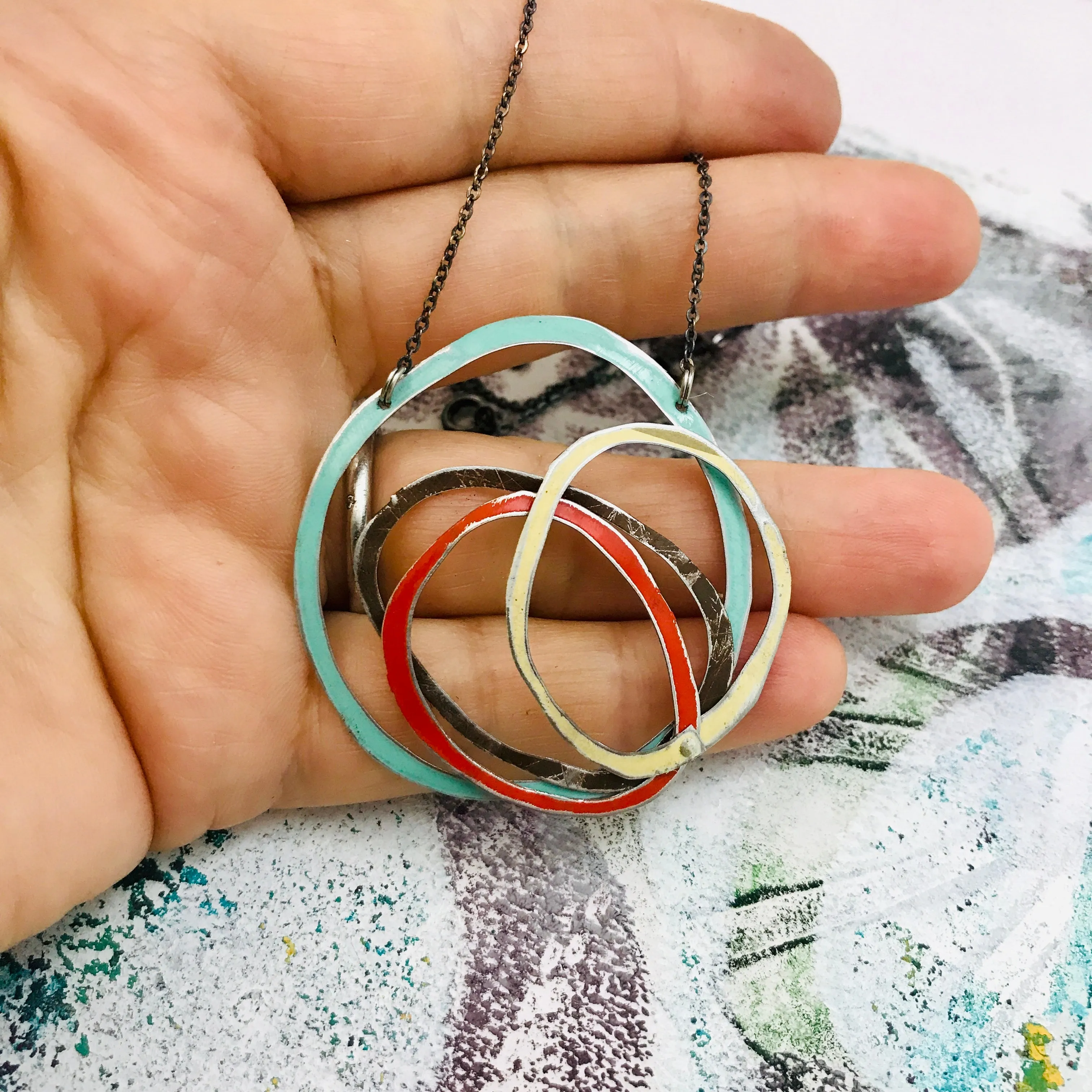 Aqua, Chocolate, Scarlet, Cream Scribbles Upcycled Tin Necklace