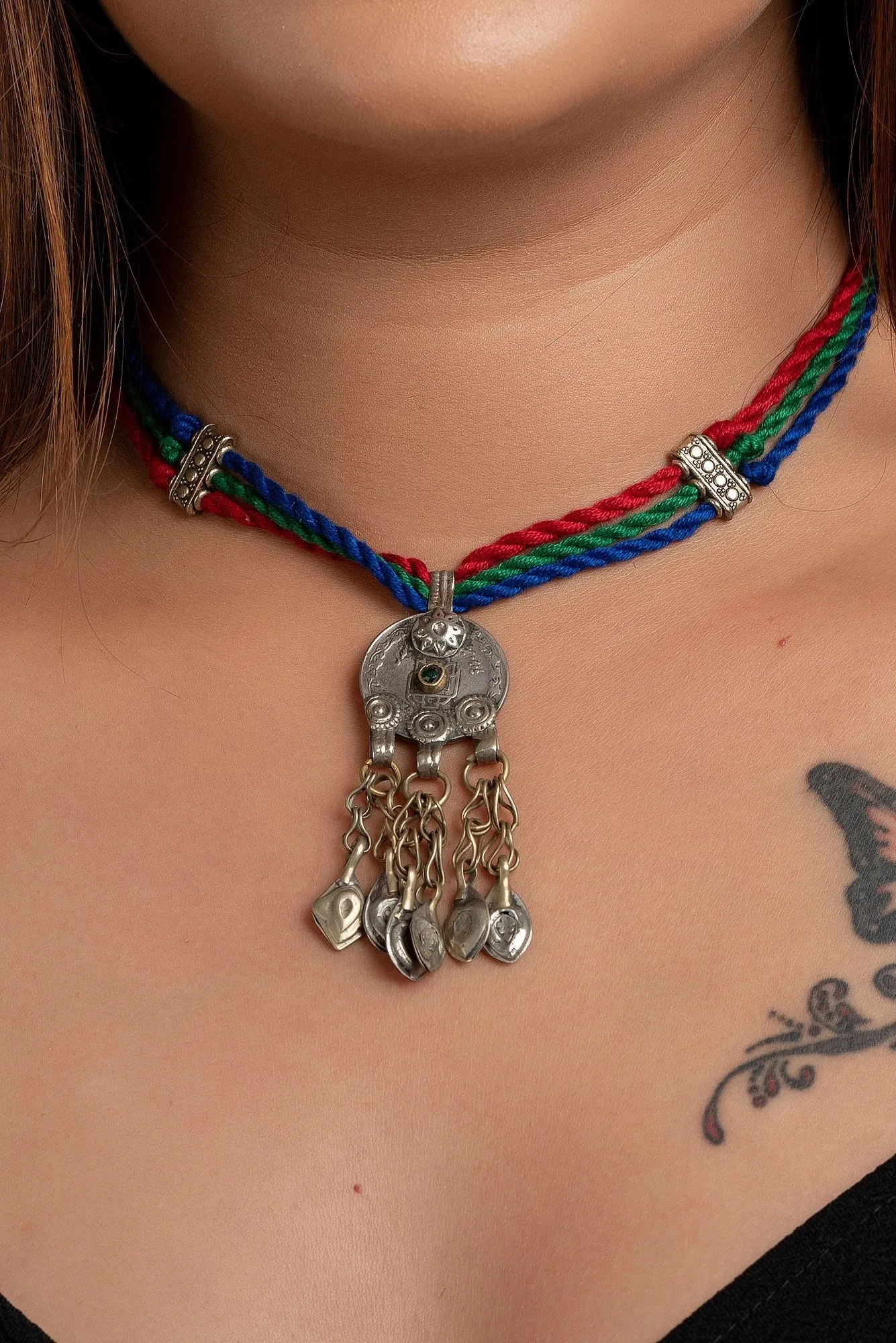 Authentic Afghan Pendant Neckpiece - Adjustable Dori, Lightweight Handmade Jewelry in Red, Green, Blue