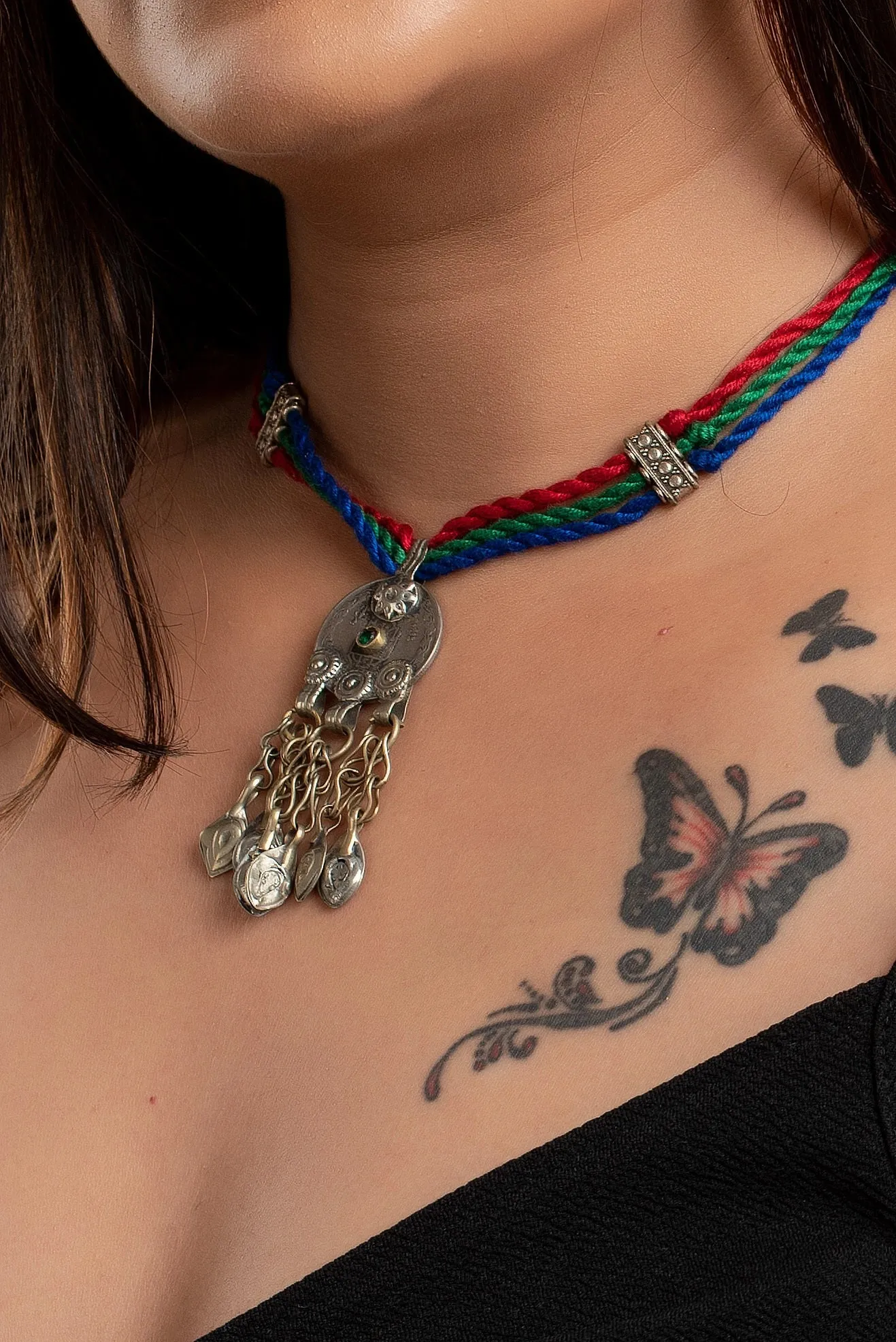 Authentic Afghan Pendant Neckpiece - Adjustable Dori, Lightweight Handmade Jewelry in Red, Green, Blue