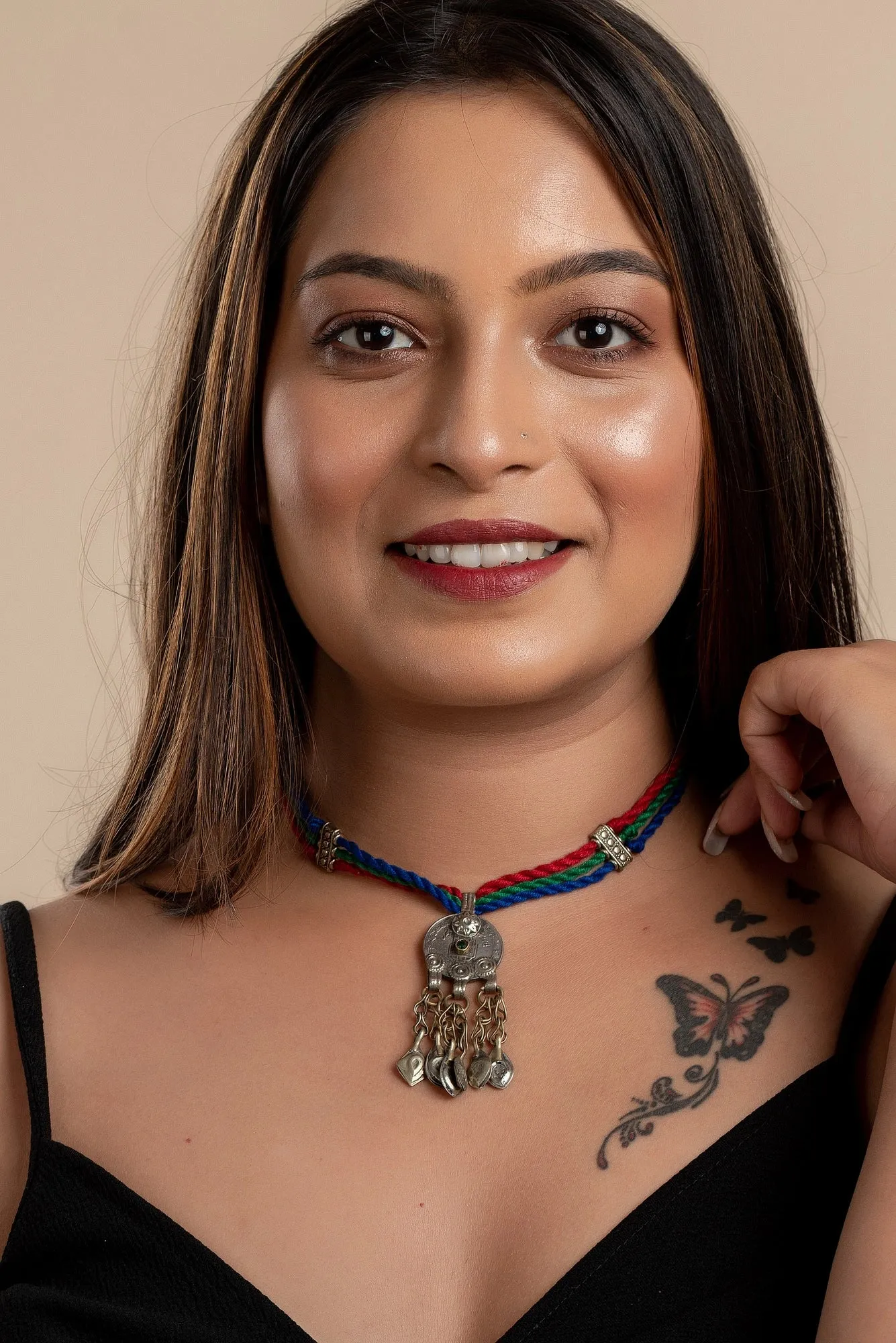 Authentic Afghan Pendant Neckpiece - Adjustable Dori, Lightweight Handmade Jewelry in Red, Green, Blue