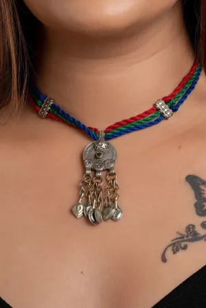 Authentic Afghan Pendant Neckpiece - Adjustable Dori, Lightweight Handmade Jewelry in Red, Green, Blue