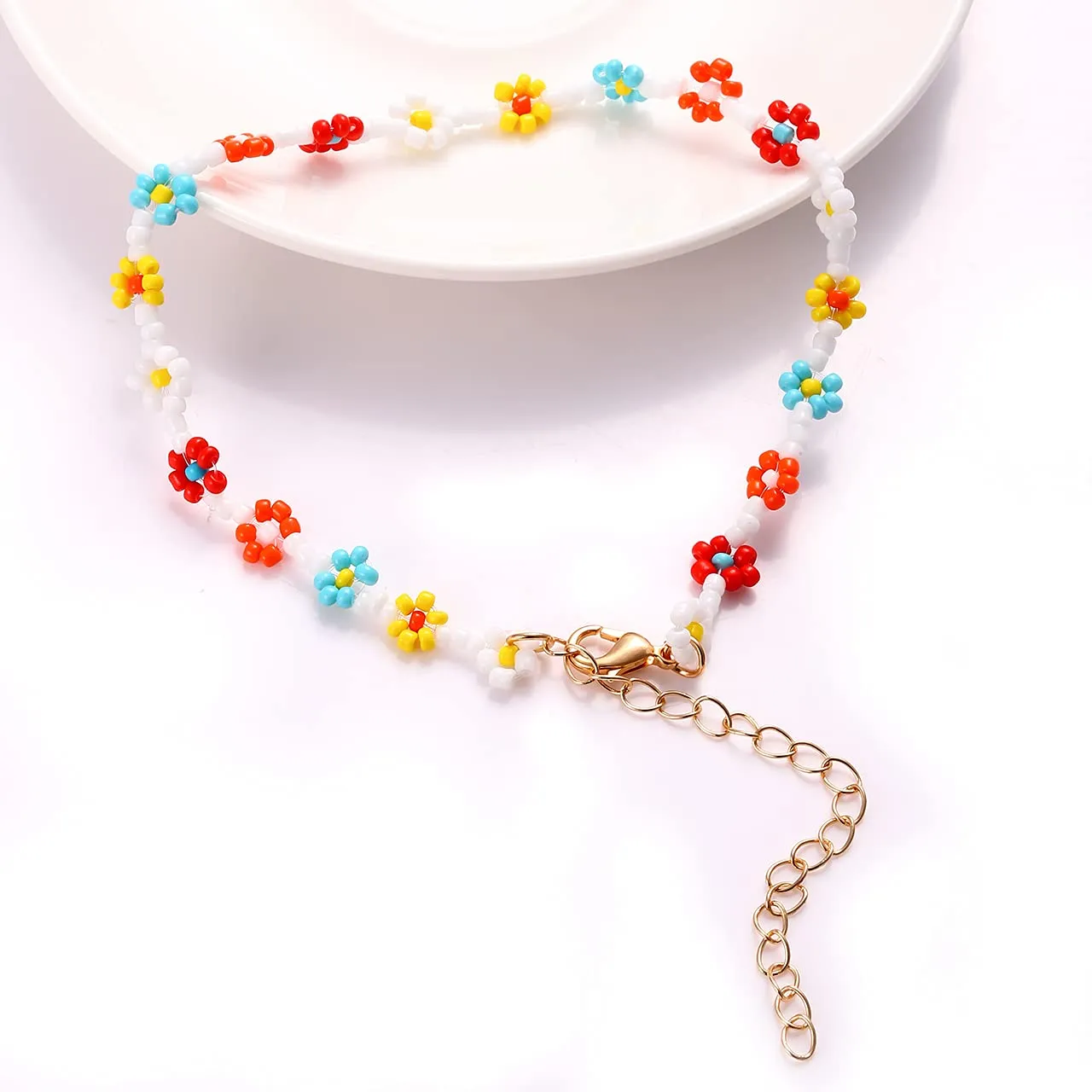 Beaded Anklets for Women Boho Cute Daisy Flower Bead Ankle Bracelets Handmade Waterproof Surfer Anklet Summer Beach Foot Jewelry for Women Teen Girls Colorful flower bead anklet