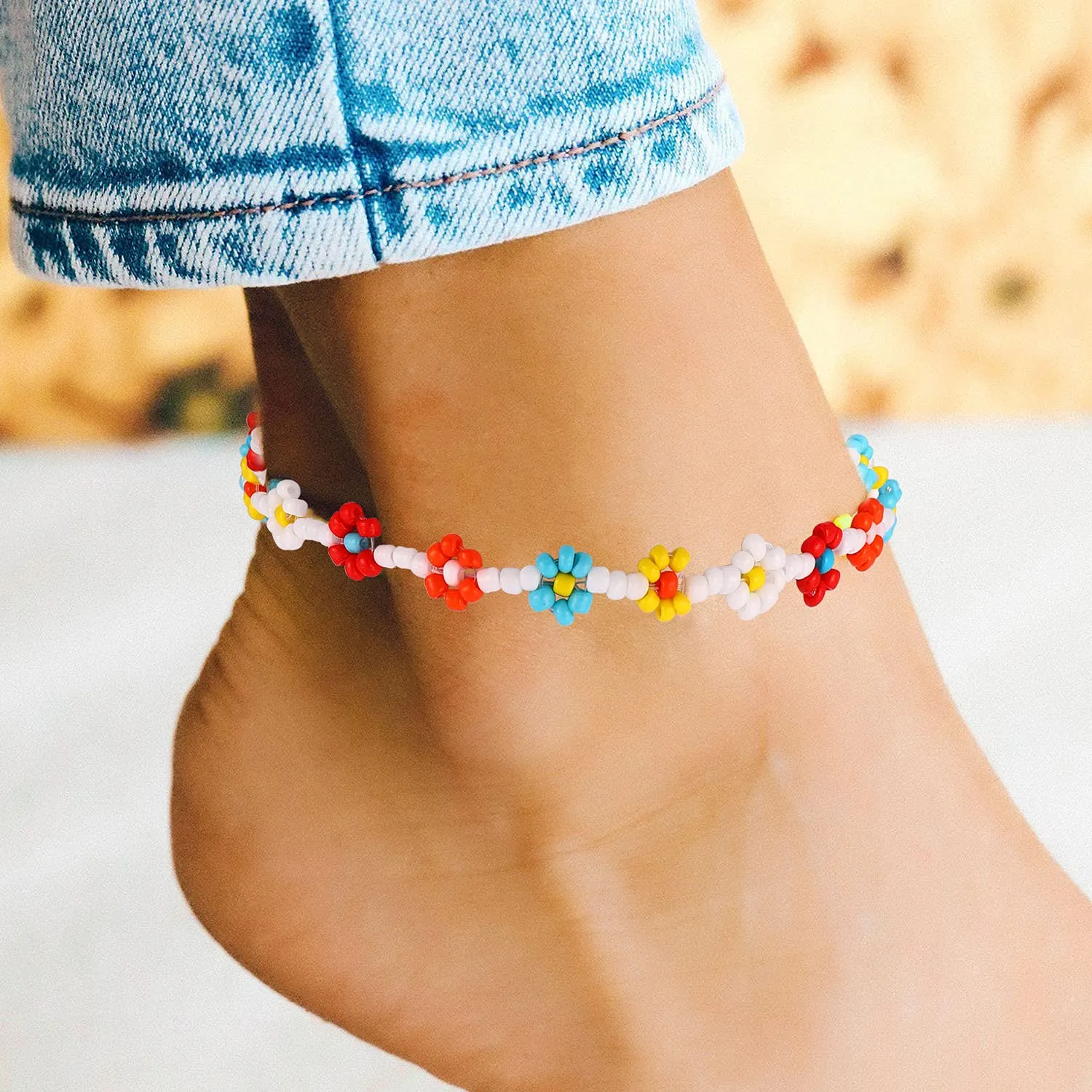 Beaded Anklets for Women Boho Cute Daisy Flower Bead Ankle Bracelets Handmade Waterproof Surfer Anklet Summer Beach Foot Jewelry for Women Teen Girls Colorful flower bead anklet