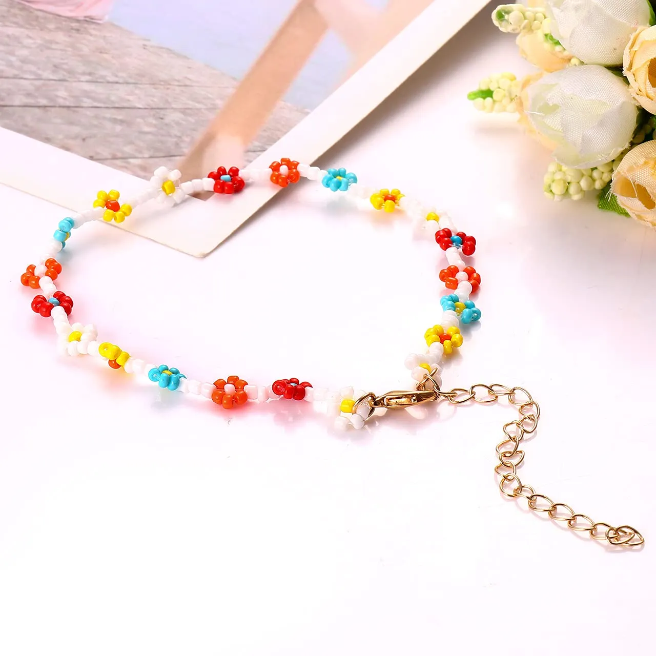 Beaded Anklets for Women Boho Cute Daisy Flower Bead Ankle Bracelets Handmade Waterproof Surfer Anklet Summer Beach Foot Jewelry for Women Teen Girls Colorful flower bead anklet