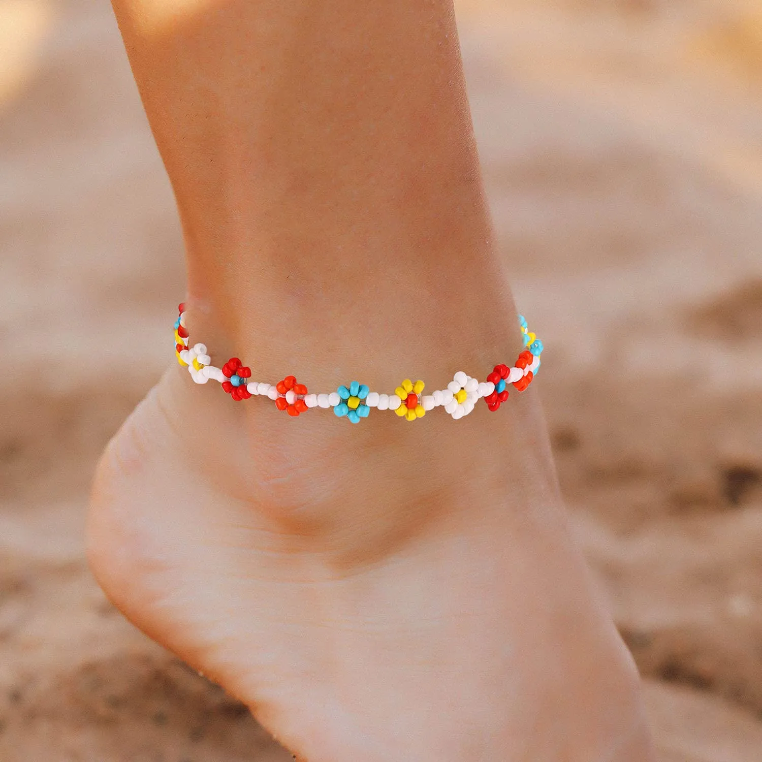 Beaded Anklets for Women Boho Cute Daisy Flower Bead Ankle Bracelets Handmade Waterproof Surfer Anklet Summer Beach Foot Jewelry for Women Teen Girls Colorful flower bead anklet