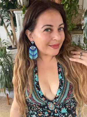 Beaded fringe evil eye earrings (blue )