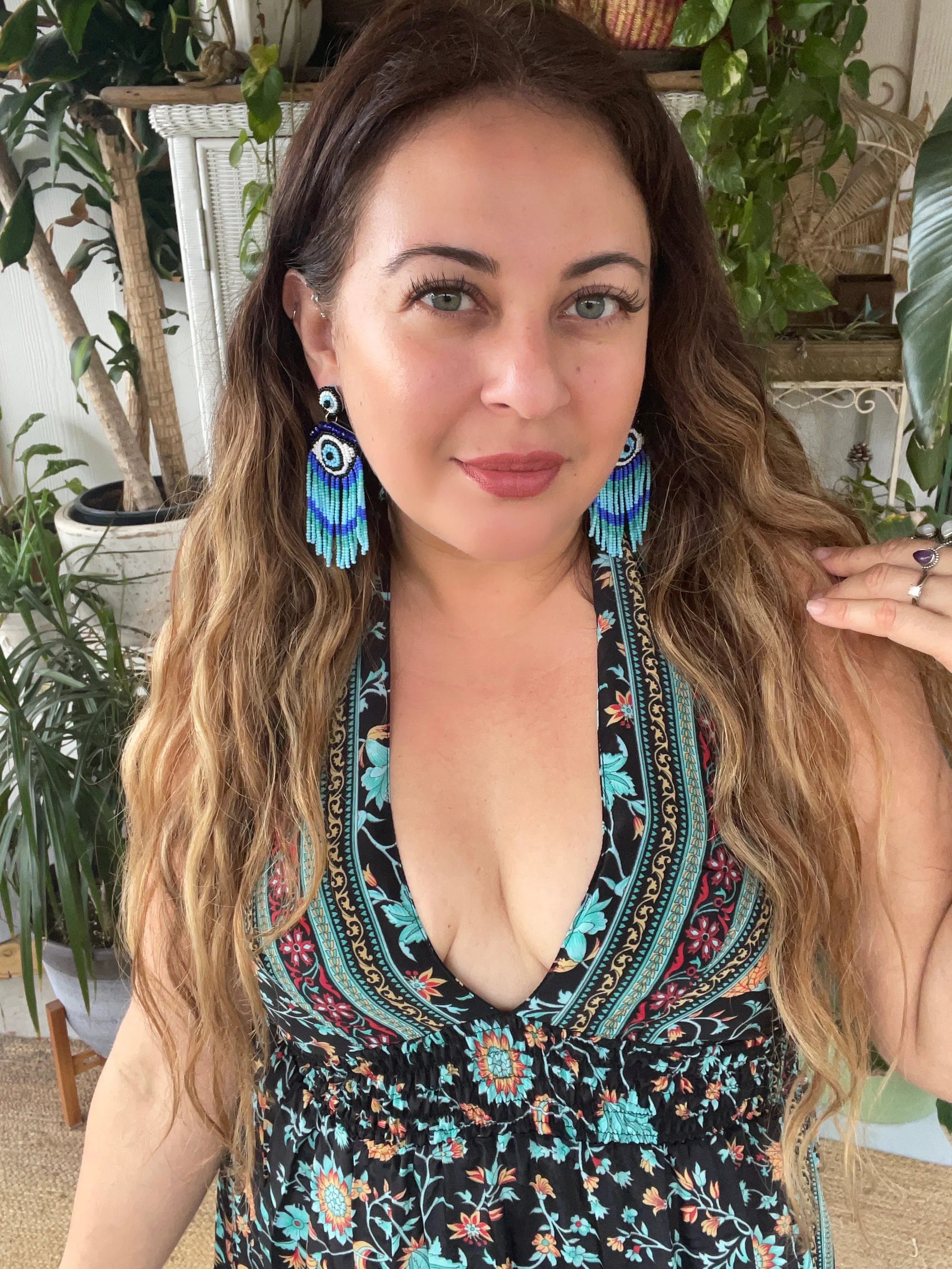 Beaded fringe evil eye earrings (blue )