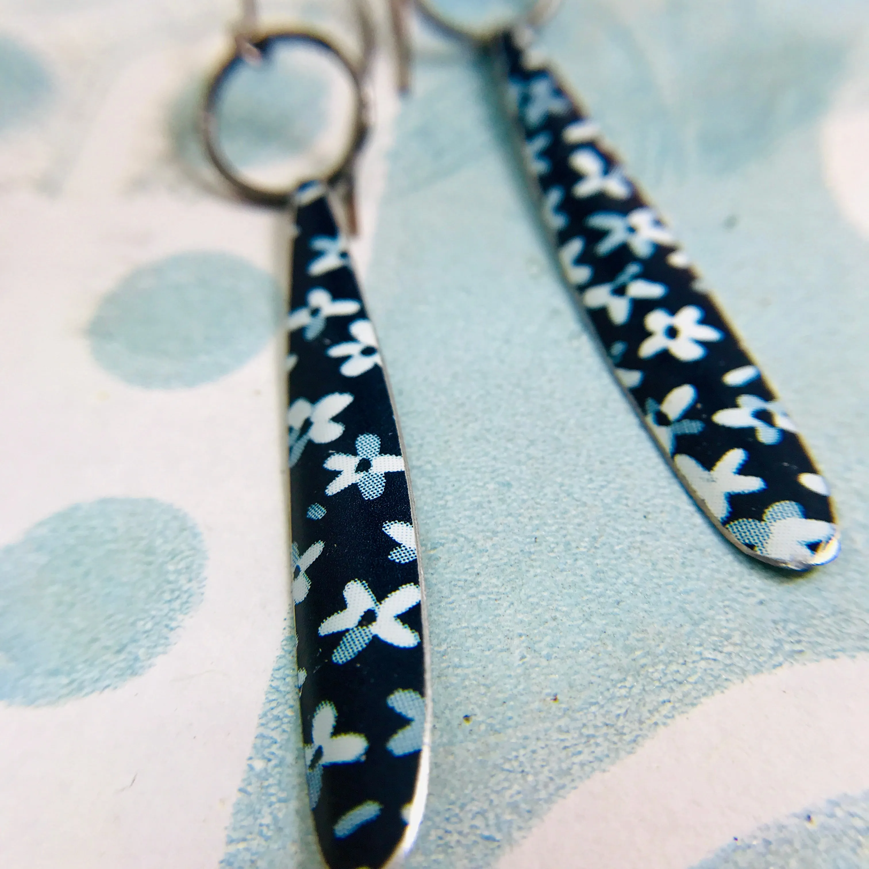 Bedstraw on Blue Long Teardrop Upcycled Tin Earrings