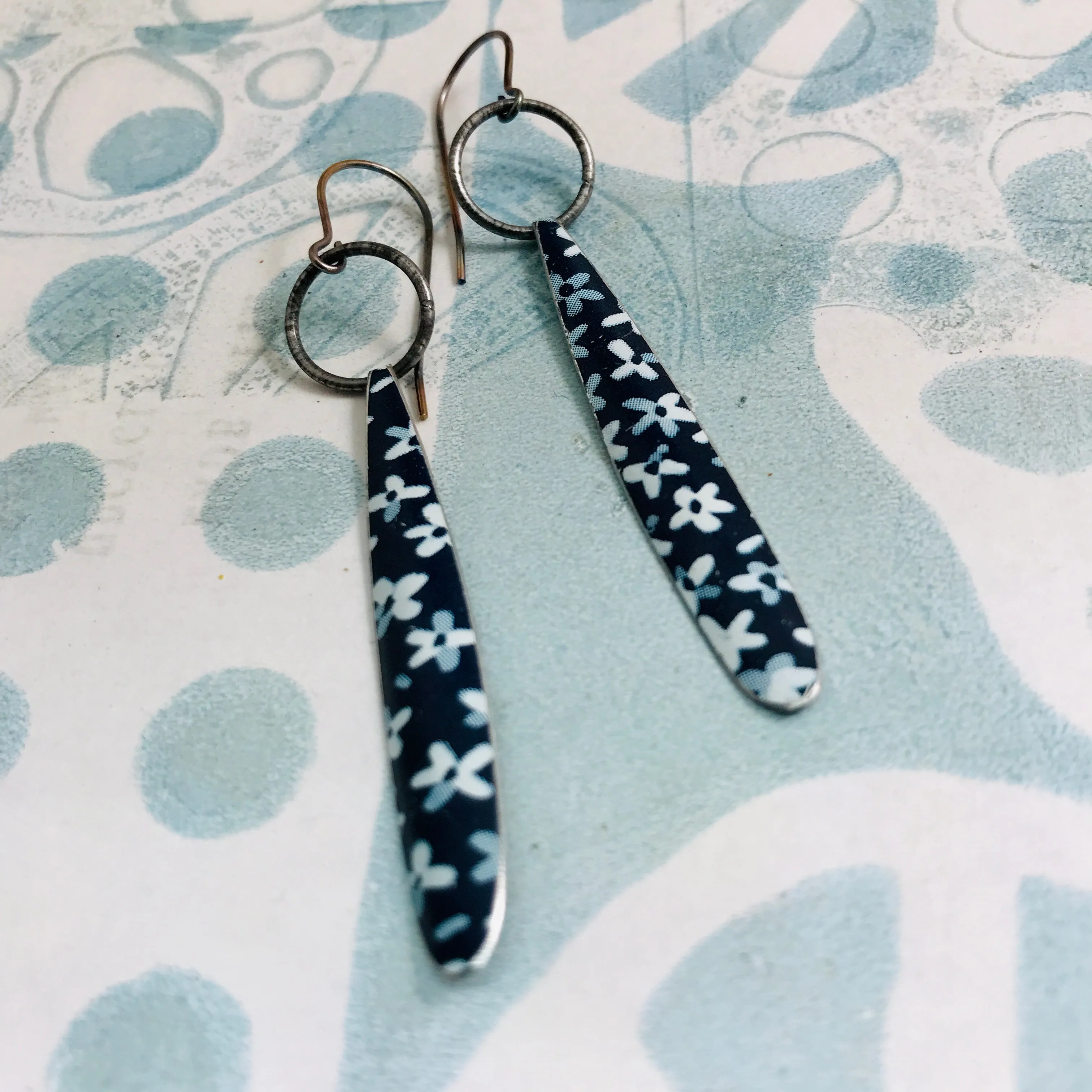 Bedstraw on Blue Long Teardrop Upcycled Tin Earrings
