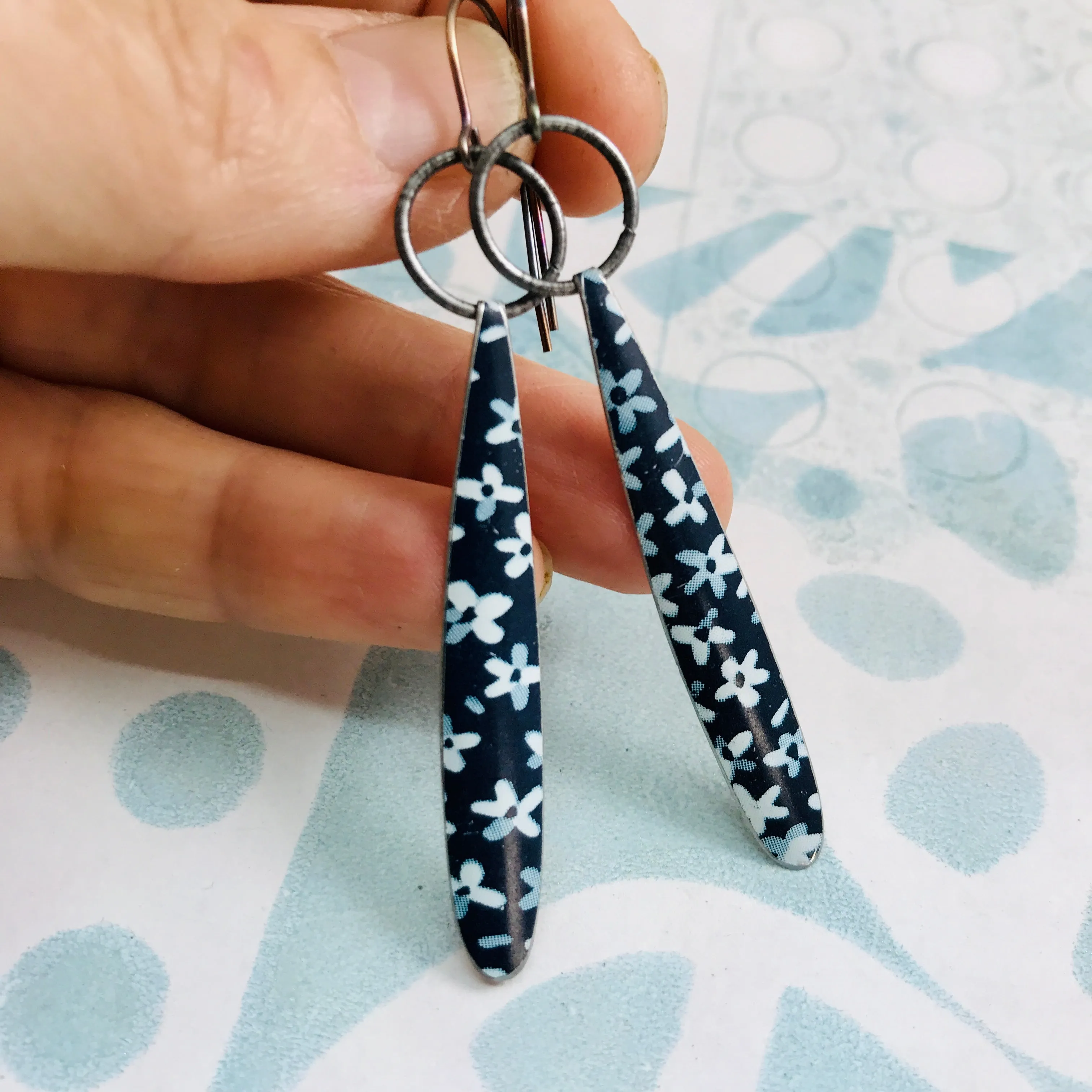 Bedstraw on Blue Long Teardrop Upcycled Tin Earrings