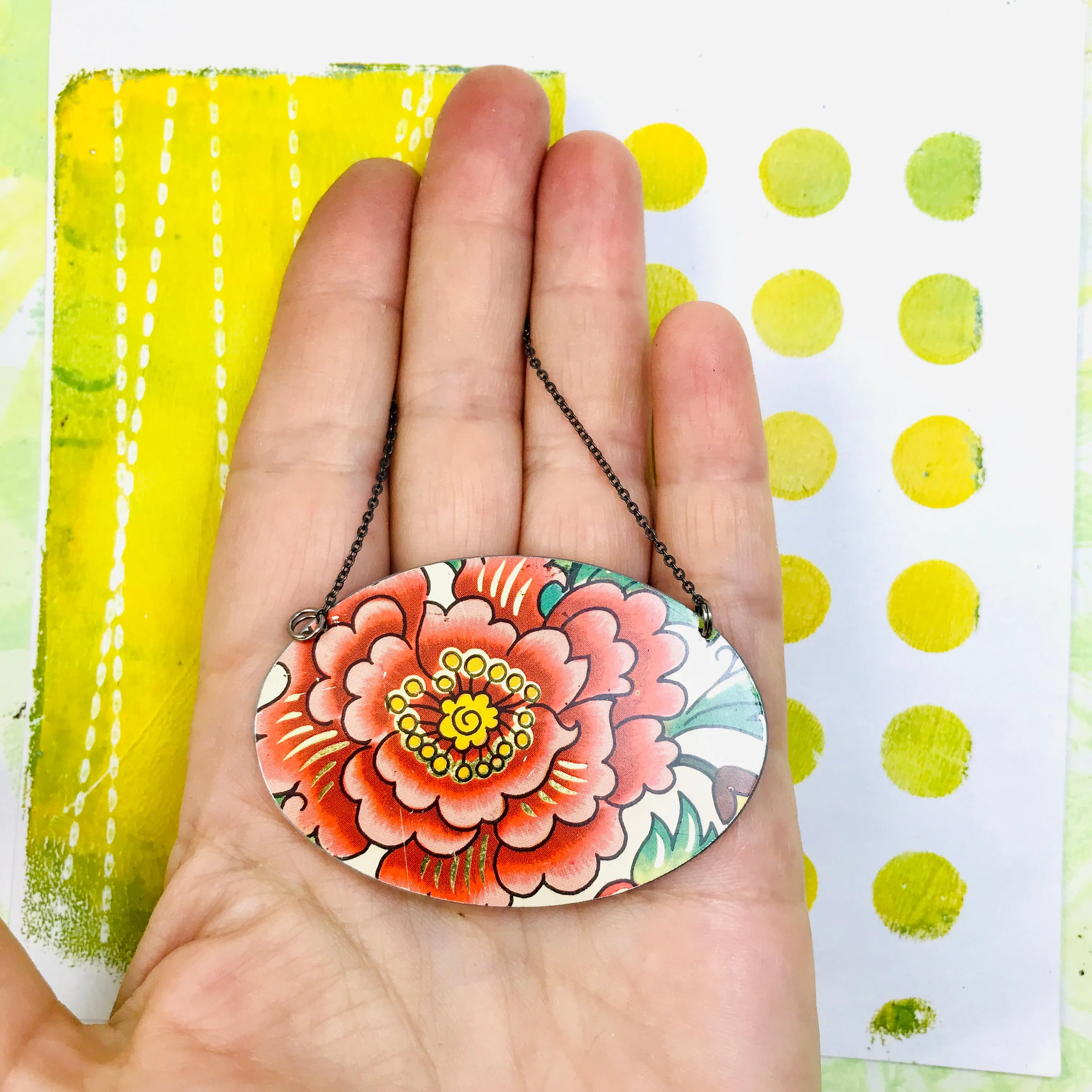 Big Deep Pink Blossom Zero Waste Tin Oval Necklace