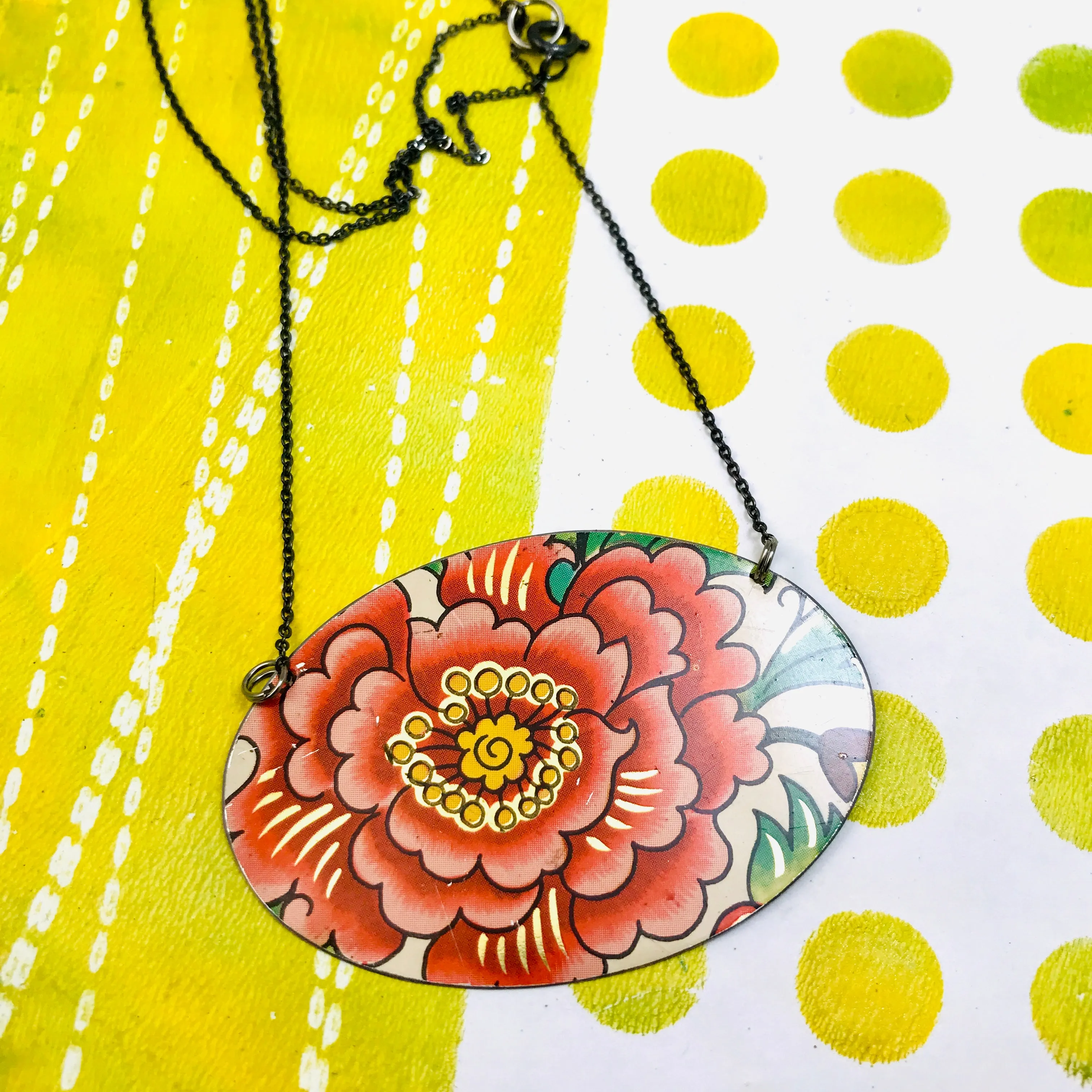 Big Deep Pink Blossom Zero Waste Tin Oval Necklace