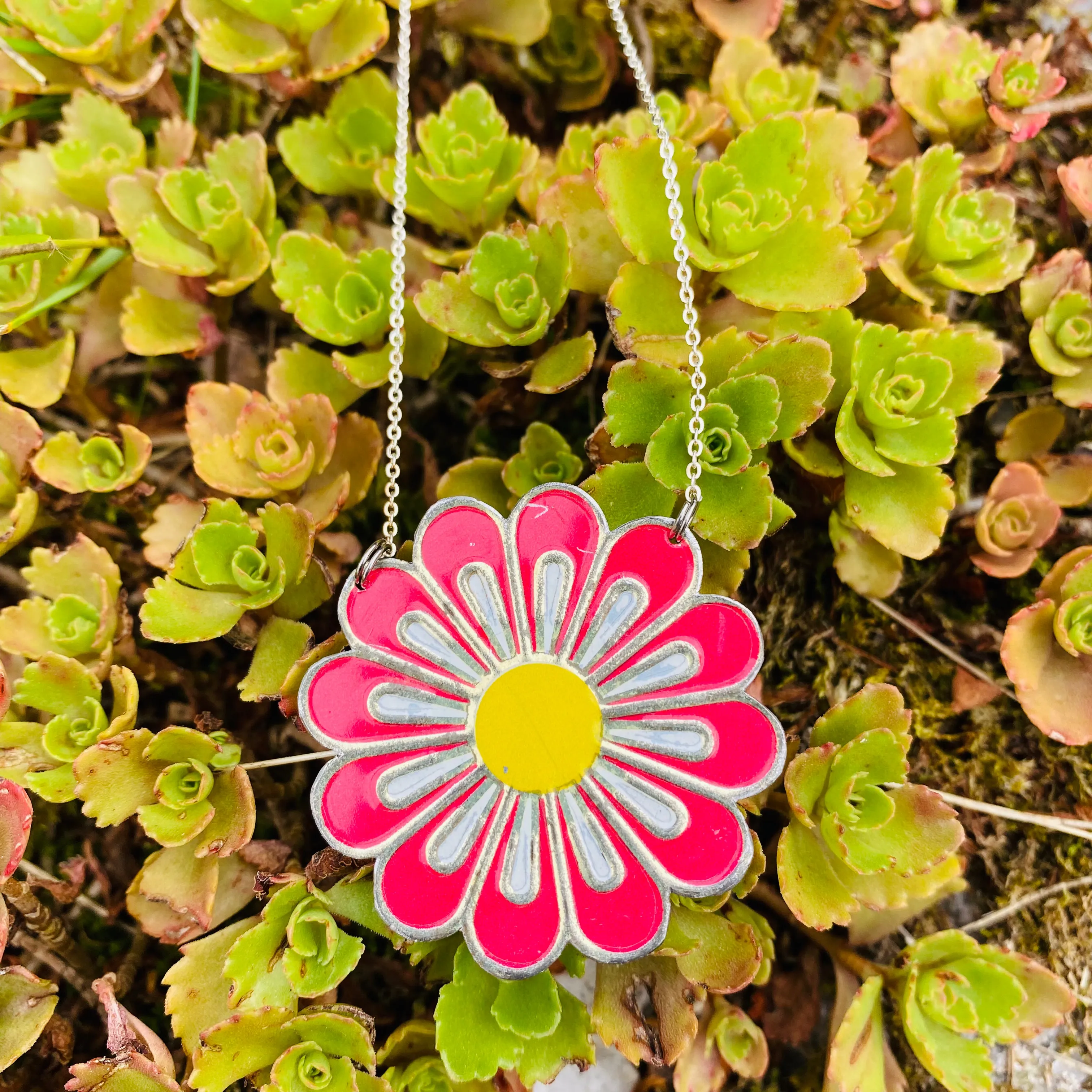Big Red Flower Zero Waste Tin Circle Necklace