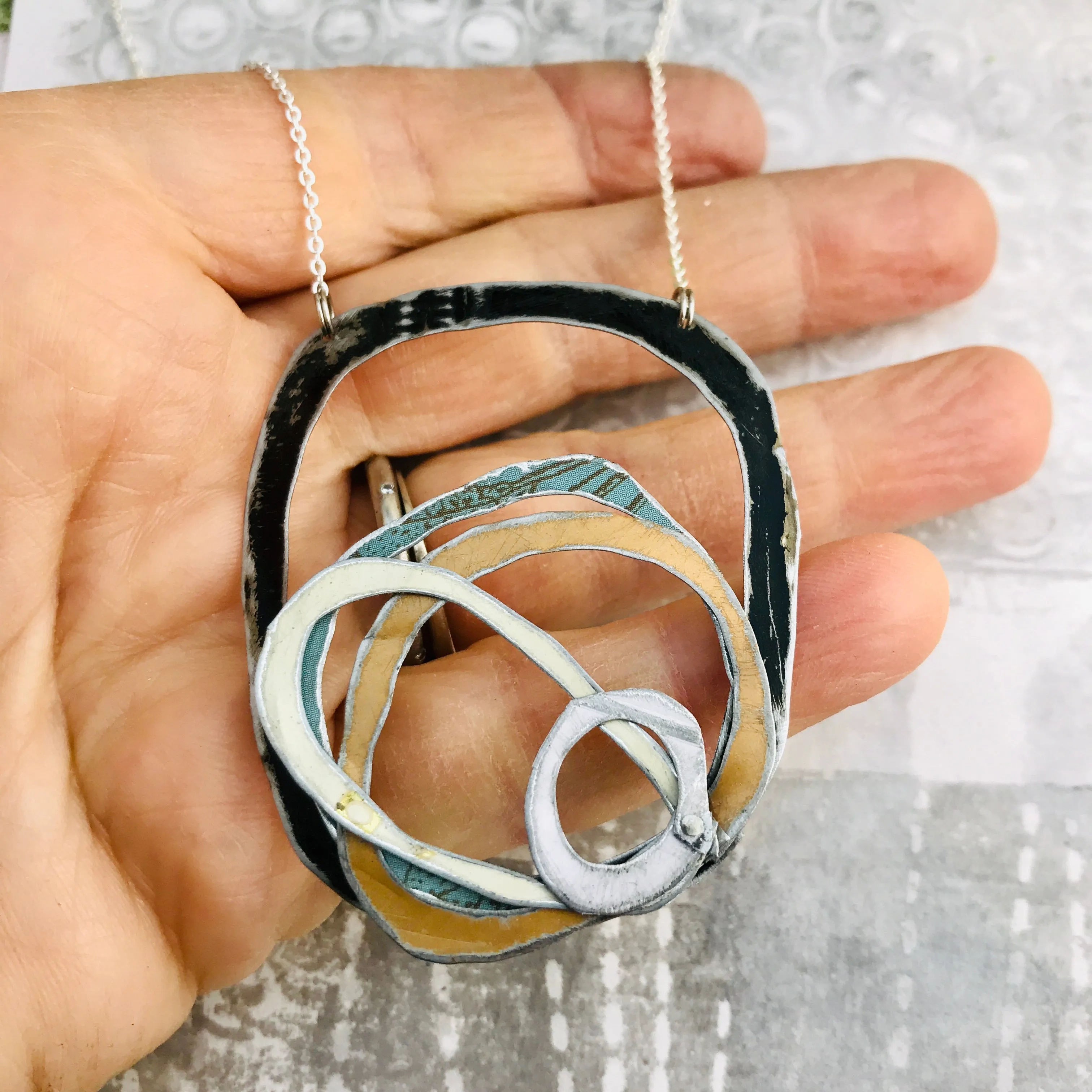 Black, Snows, Gold, & Dusty Blue Scribbles Upcycled Tin Necklace