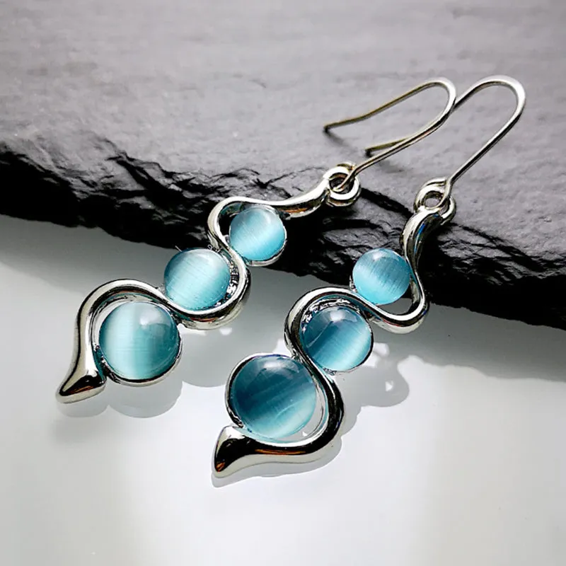 Bohemian Creative Curved Wavy Earrings Inlaid Hylan Cat's Eye Gemstone Swinging Earrings