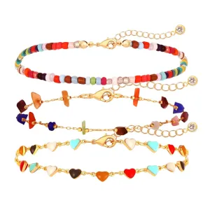 Boho Beaded Ankle Bracelet Beach 18 K Gold Plated Anklet Bracelets Handmade Colorful Small Seed Beads Butterfly Evil Eye Heart Link Chain Anklet Pack Cute Summer Foot Jewelry for Women Teen Girls beaded ankle bracelet A set
