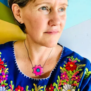 Bright Pink Blossom Upcycled Tin Necklace