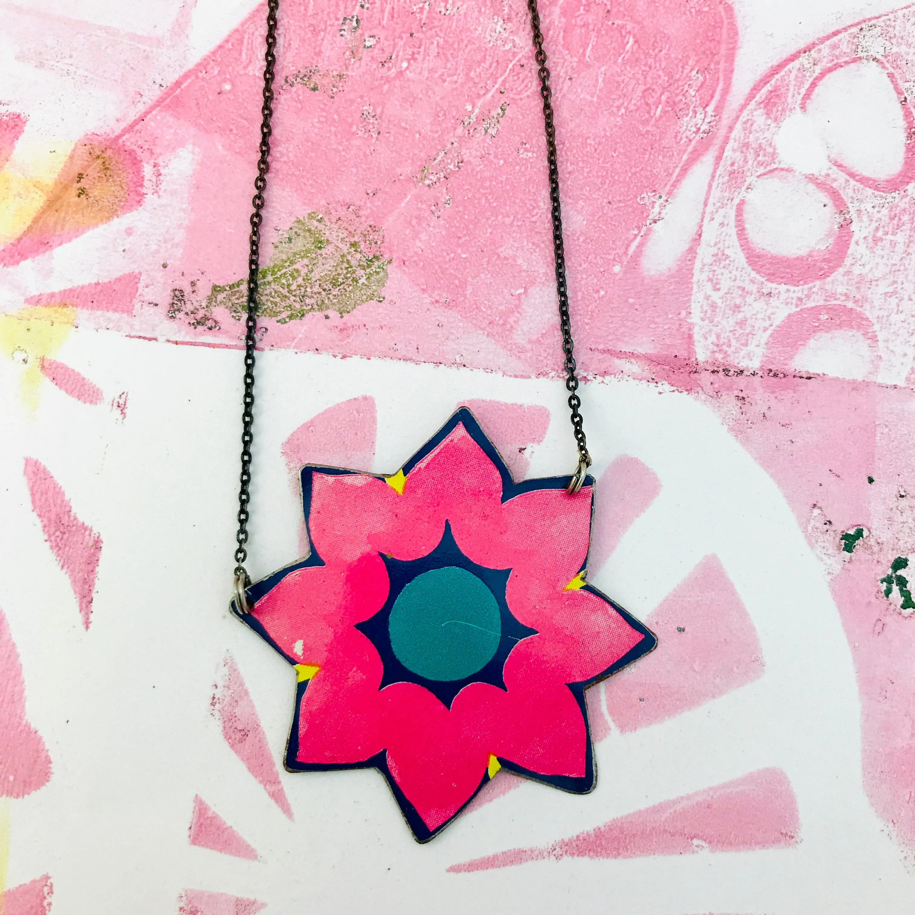 Bright Pink Blossom Upcycled Tin Necklace