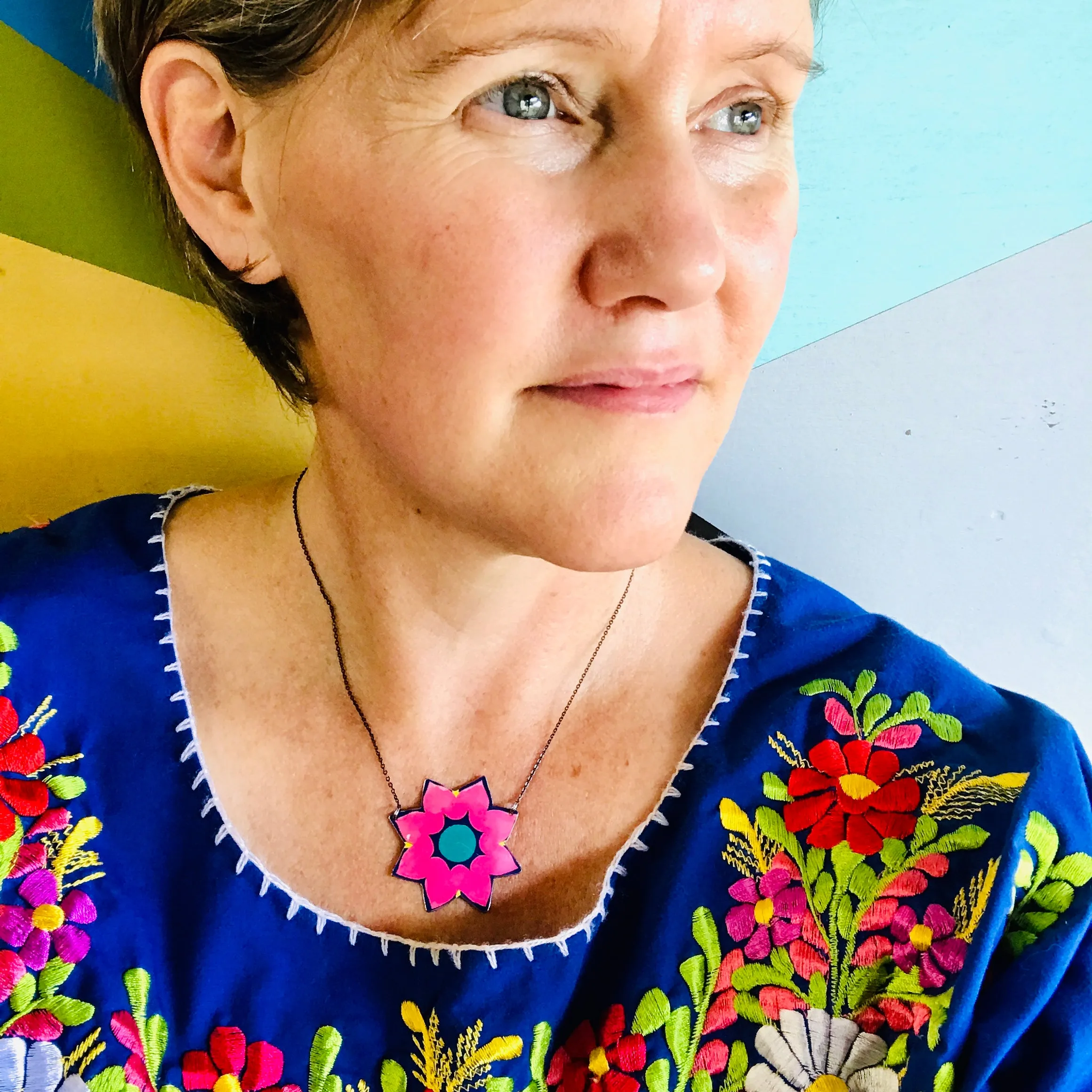 Bright Pink Blossom Upcycled Tin Necklace