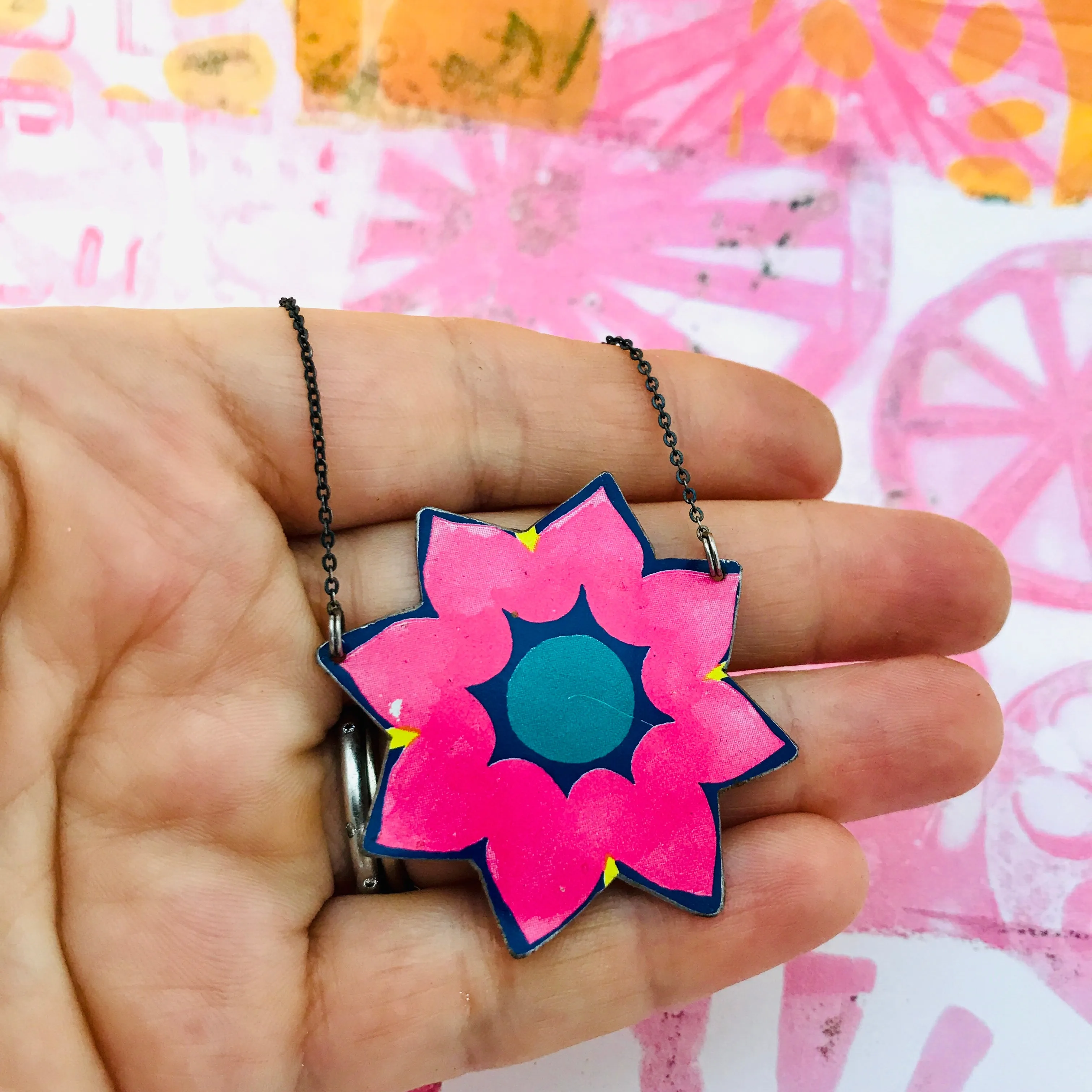 Bright Pink Blossom Upcycled Tin Necklace