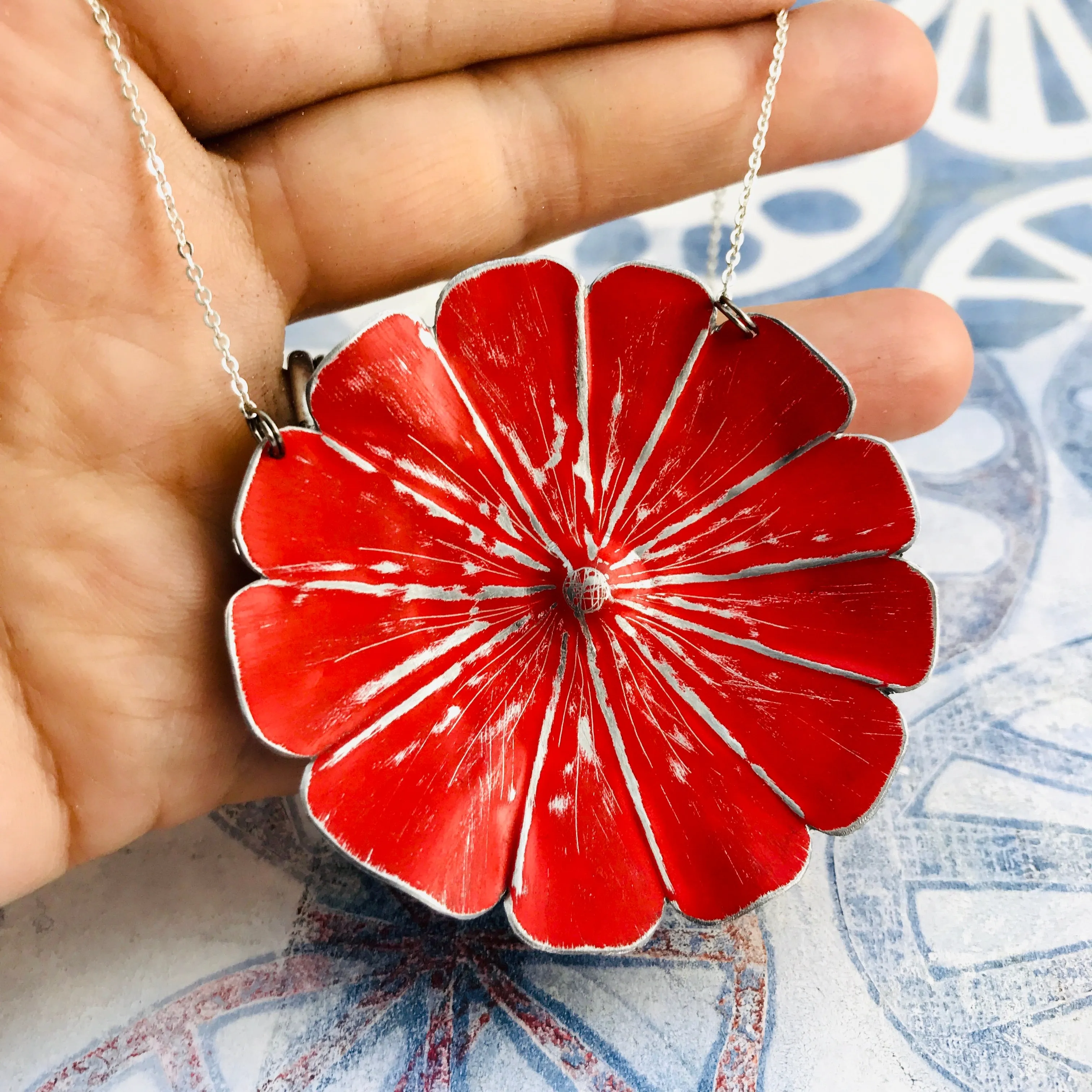 Bright Red Flower Blossom Upcycled Tin Necklace
