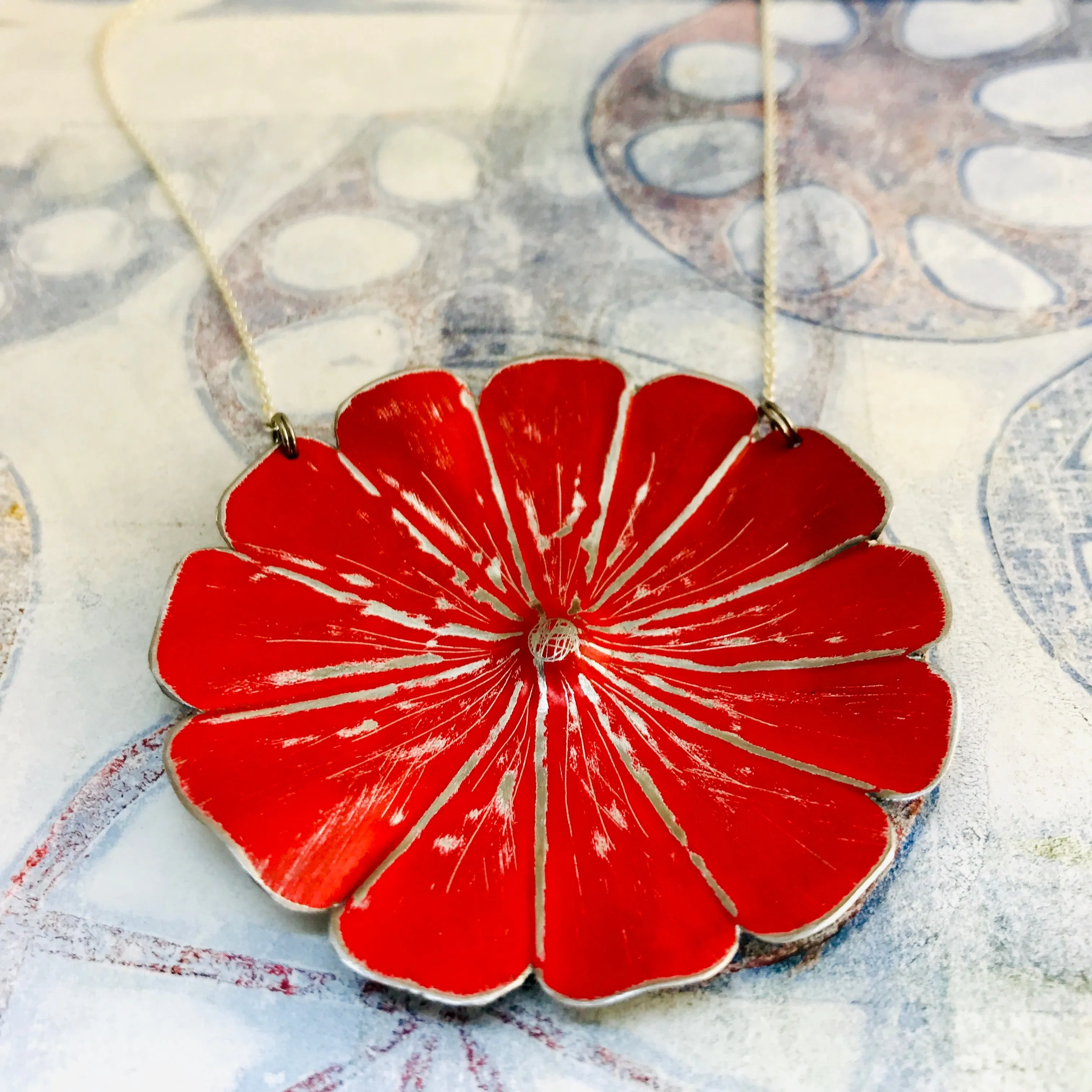 Bright Red Flower Blossom Upcycled Tin Necklace