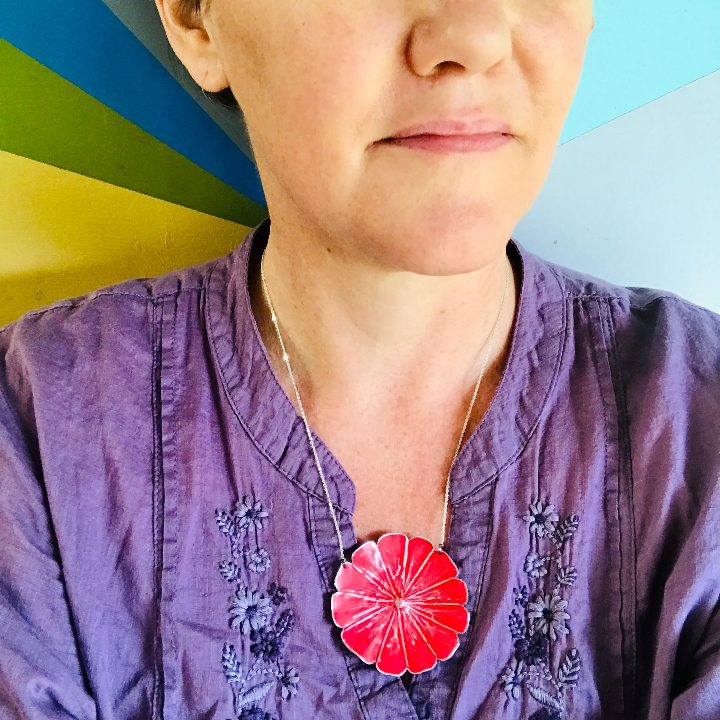 Bright Red Flower Blossom Upcycled Tin Necklace