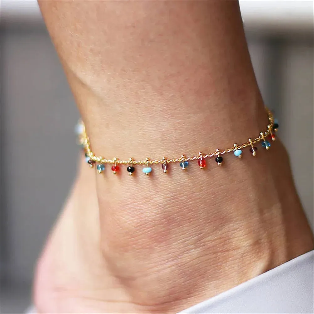 Chic Double Chain Anklet with Colorful Rice Beads & Stylish Tassel - Perfect Beach Jewelry for Women