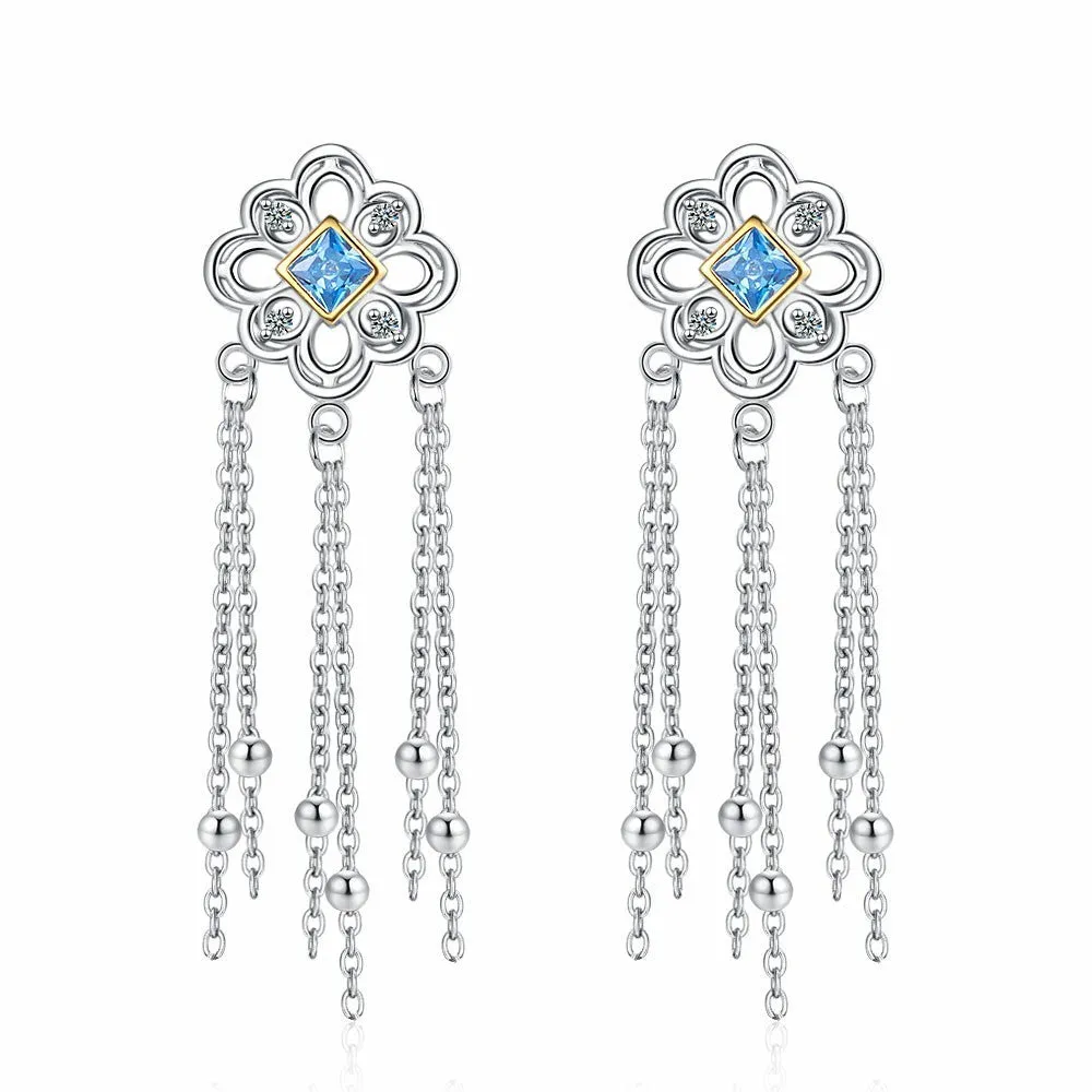 Chinese Knot Blue Zircon Stud Versatile Personality Lace Texture Earrings