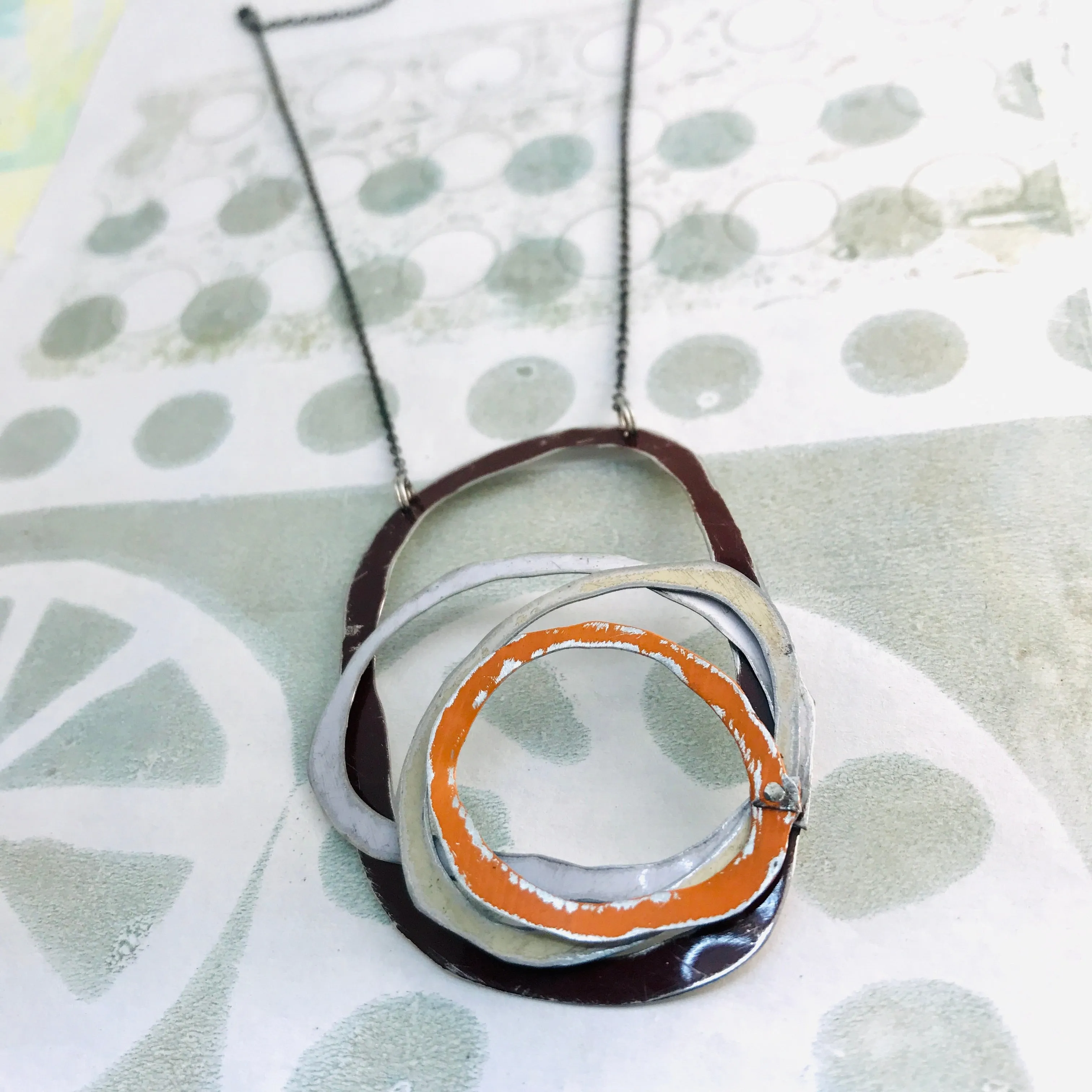 Chocolate, Snow, Cream, & Persimmon Scribbles Upcycled Tin Necklace