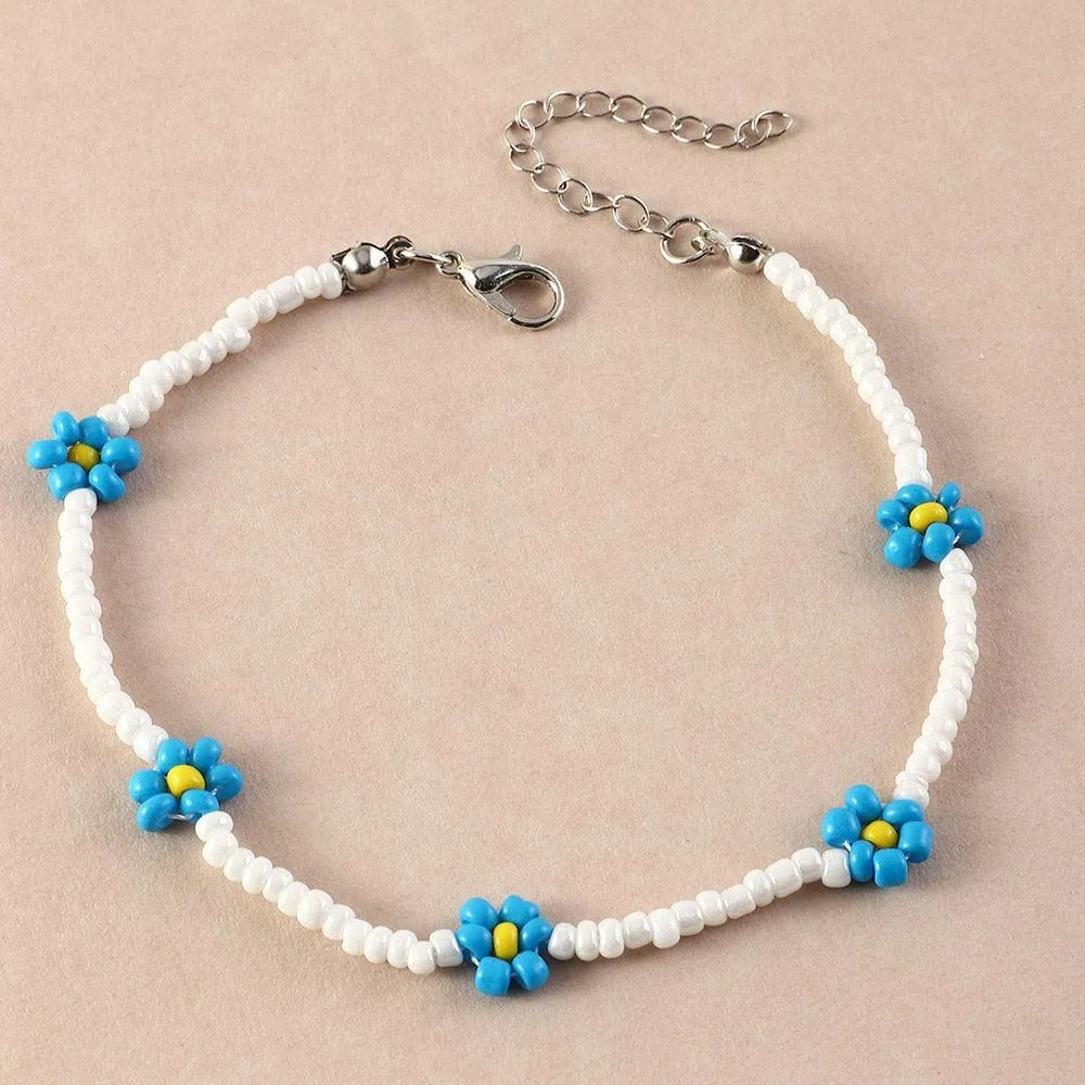 Colorful Czech Glass Seed Beaded Anklet Bracelet Set
