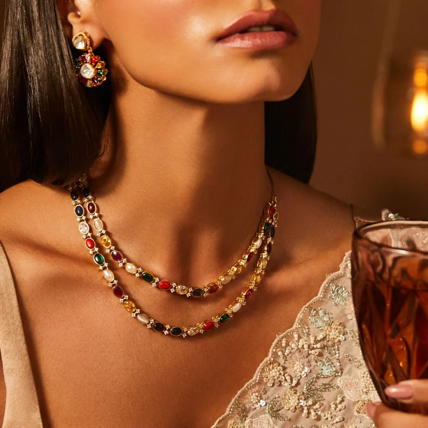 Cosmic Navratna Radiance Layered Silver Necklace