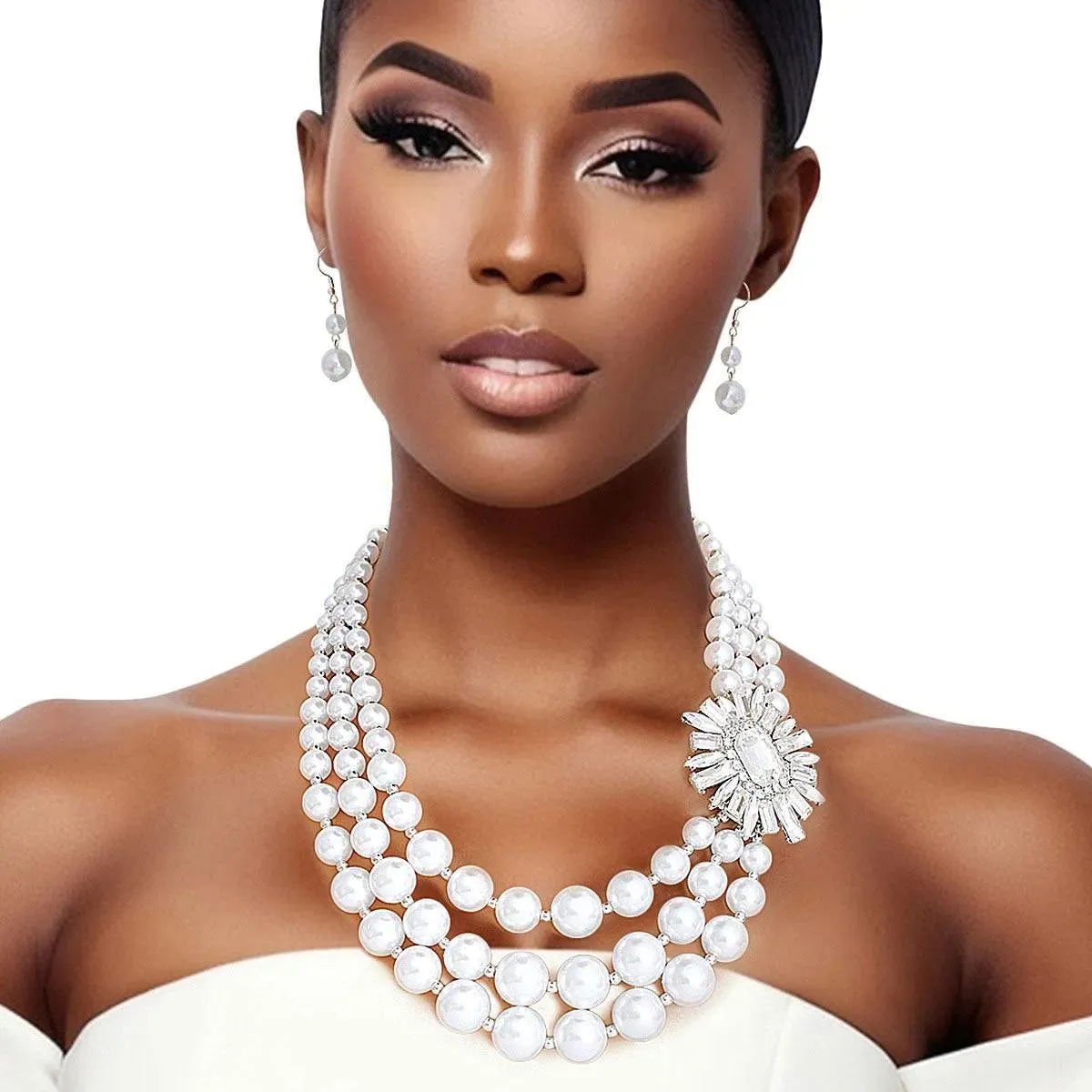 Dazzling 3-Strand White Pearl Beaded Necklace Earrings Set