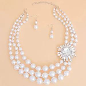 Dazzling 3-Strand White Pearl Beaded Necklace Earrings Set