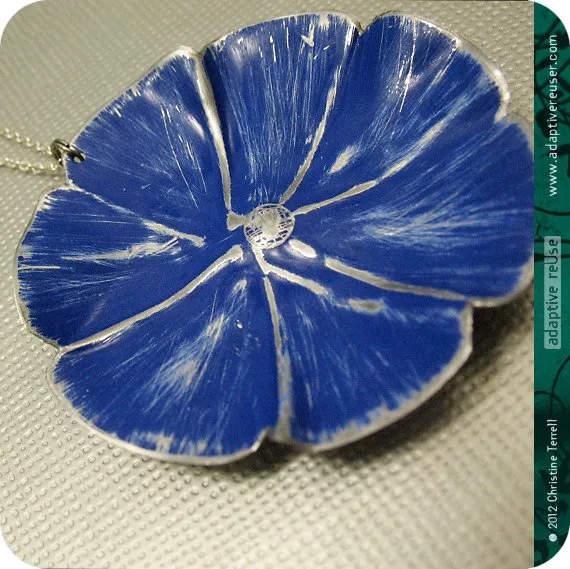 Deep Blue Flower Blossom Upcycled Tin Necklace