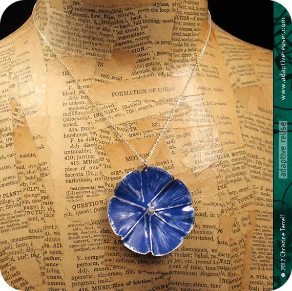 Deep Blue Flower Blossom Upcycled Tin Necklace