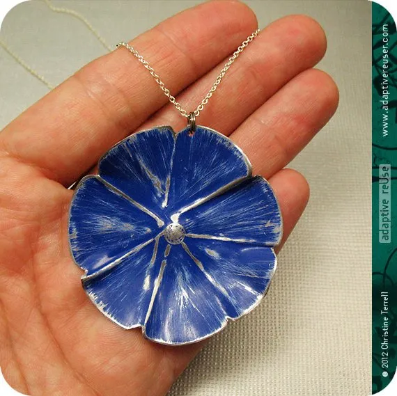 Deep Blue Flower Blossom Upcycled Tin Necklace