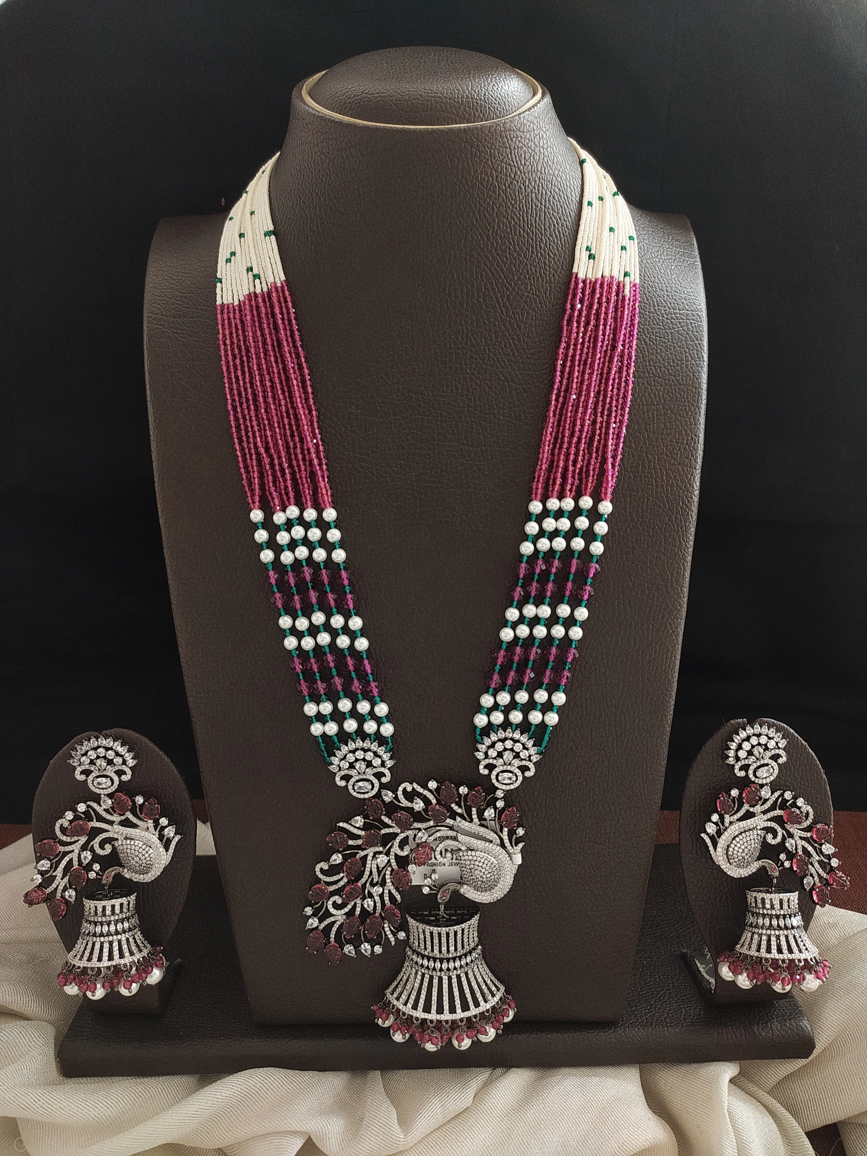 Designer Peacock Pendant Mala Set with Ruby & Pearls