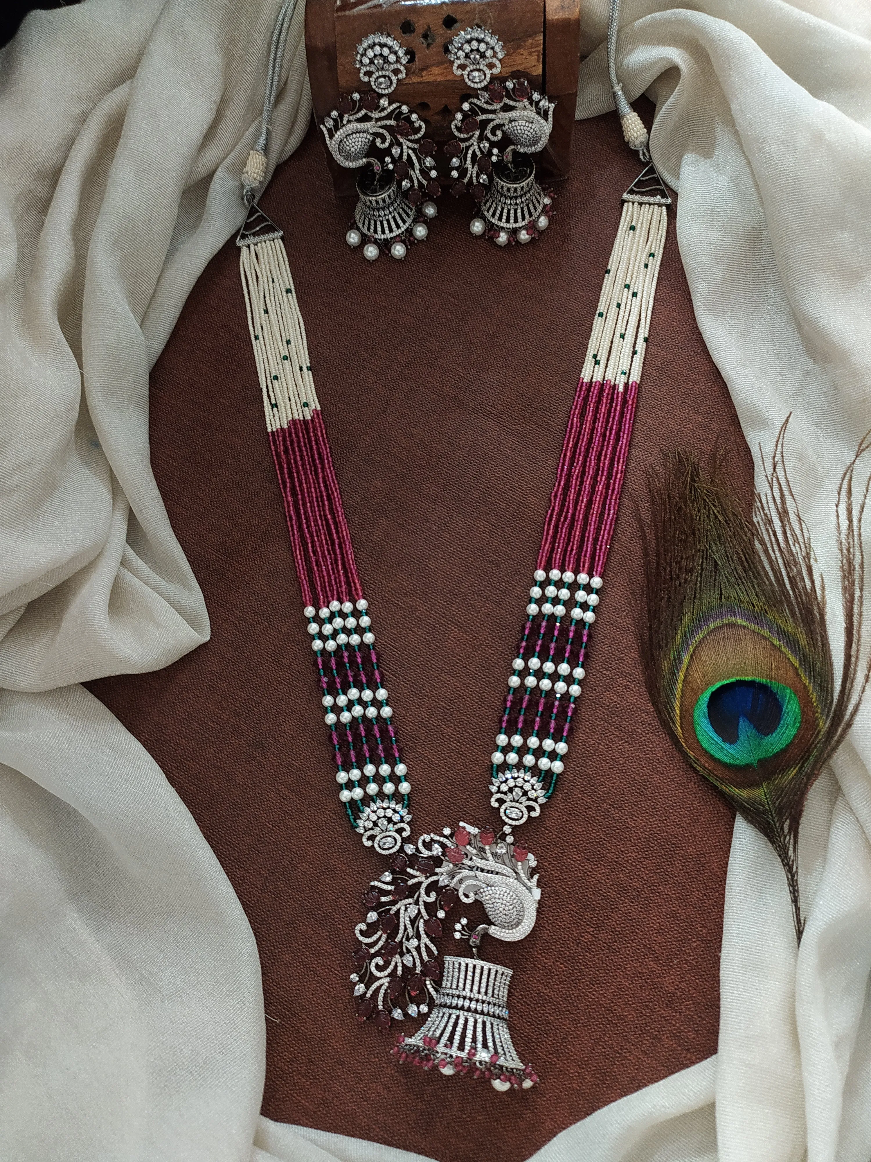 Designer Peacock Pendant Mala Set with Ruby & Pearls